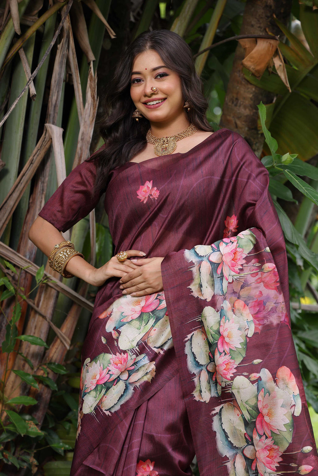 Wine Soft Tussar Silk Floral Printed Saree with Blouse