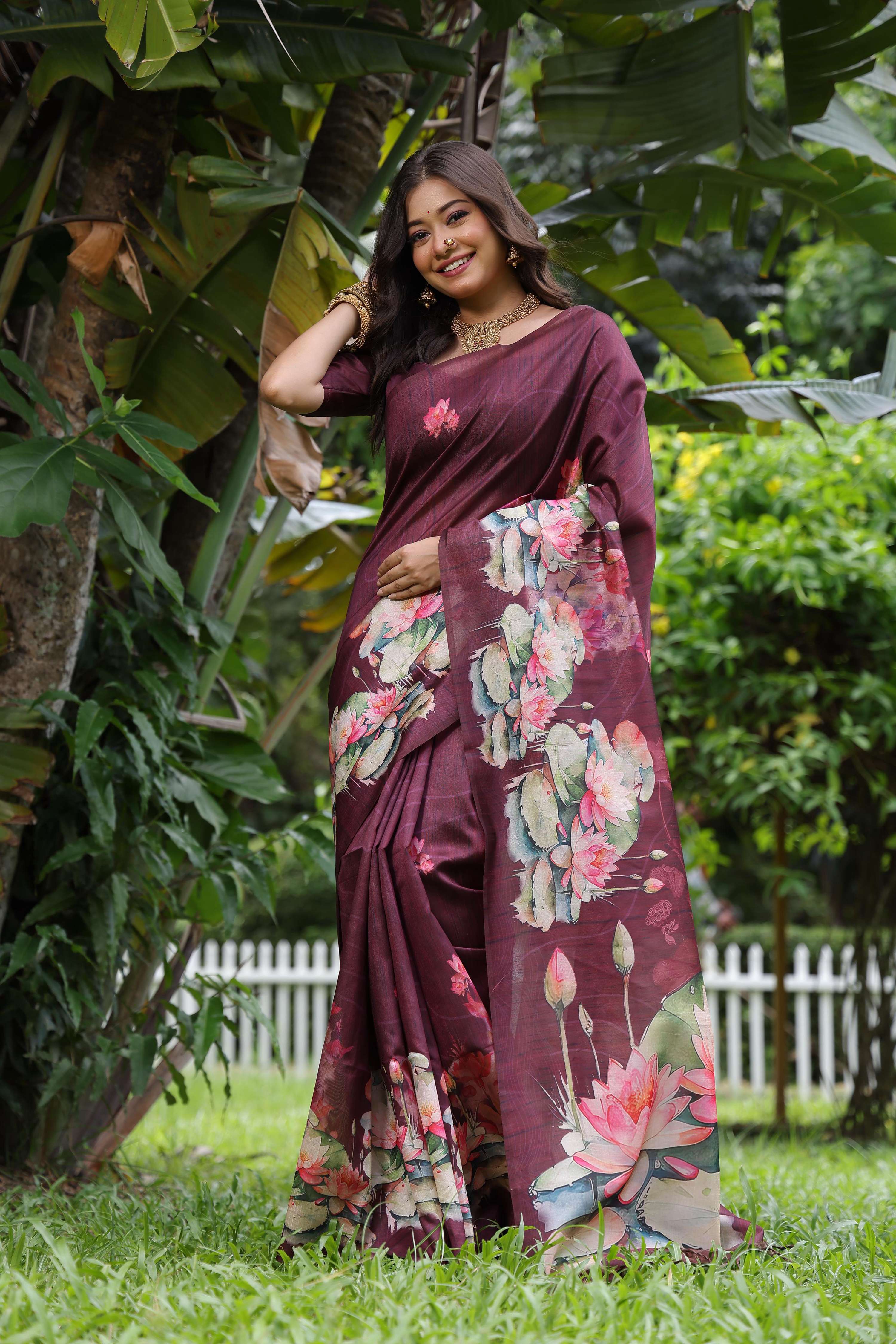 Wine colored soft Tussar silk saree with floral prints and matching blouse