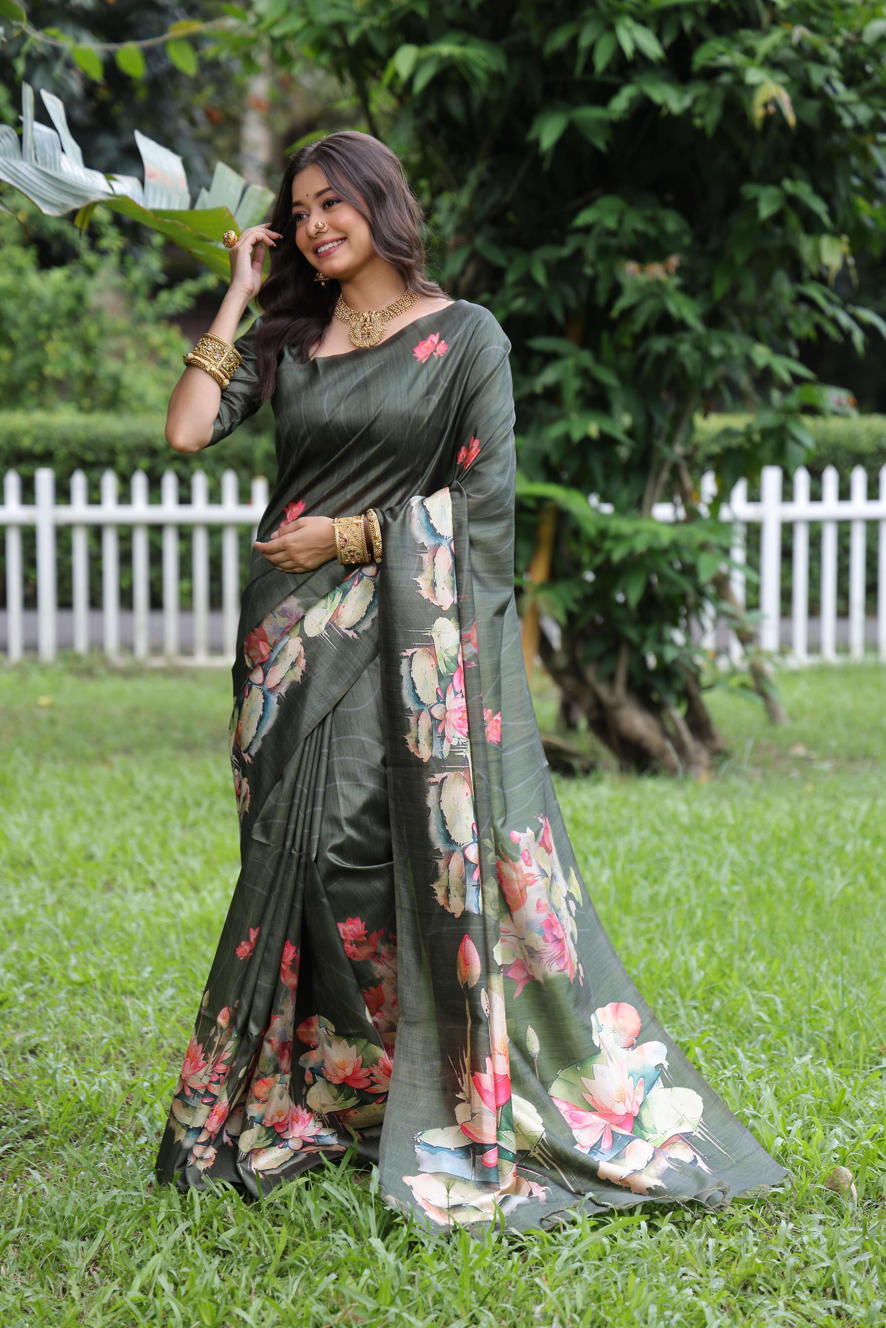 Mehendi Soft Tussar Silk Floral Printed Saree with Blouse Piece