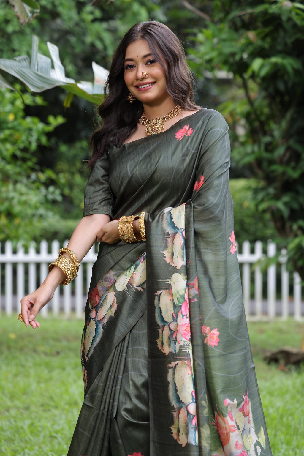 Mehendi Soft Tussar Silk Floral Printed Saree with Blouse Piece