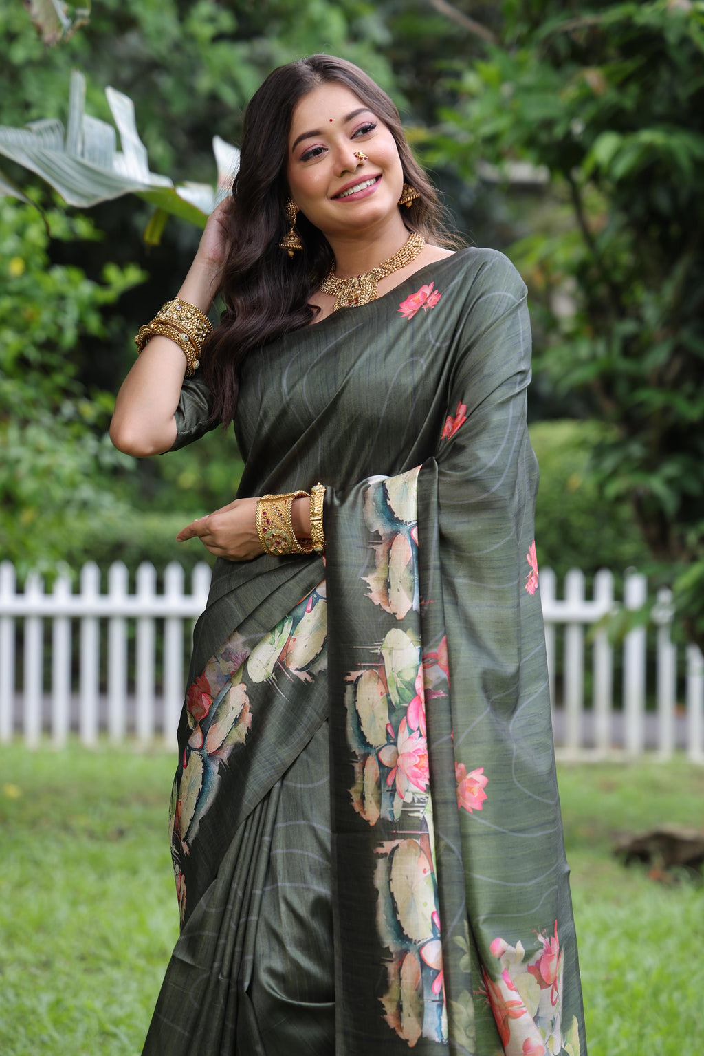 Mehendi Soft Tussar Silk Floral Printed Saree with Blouse Piece