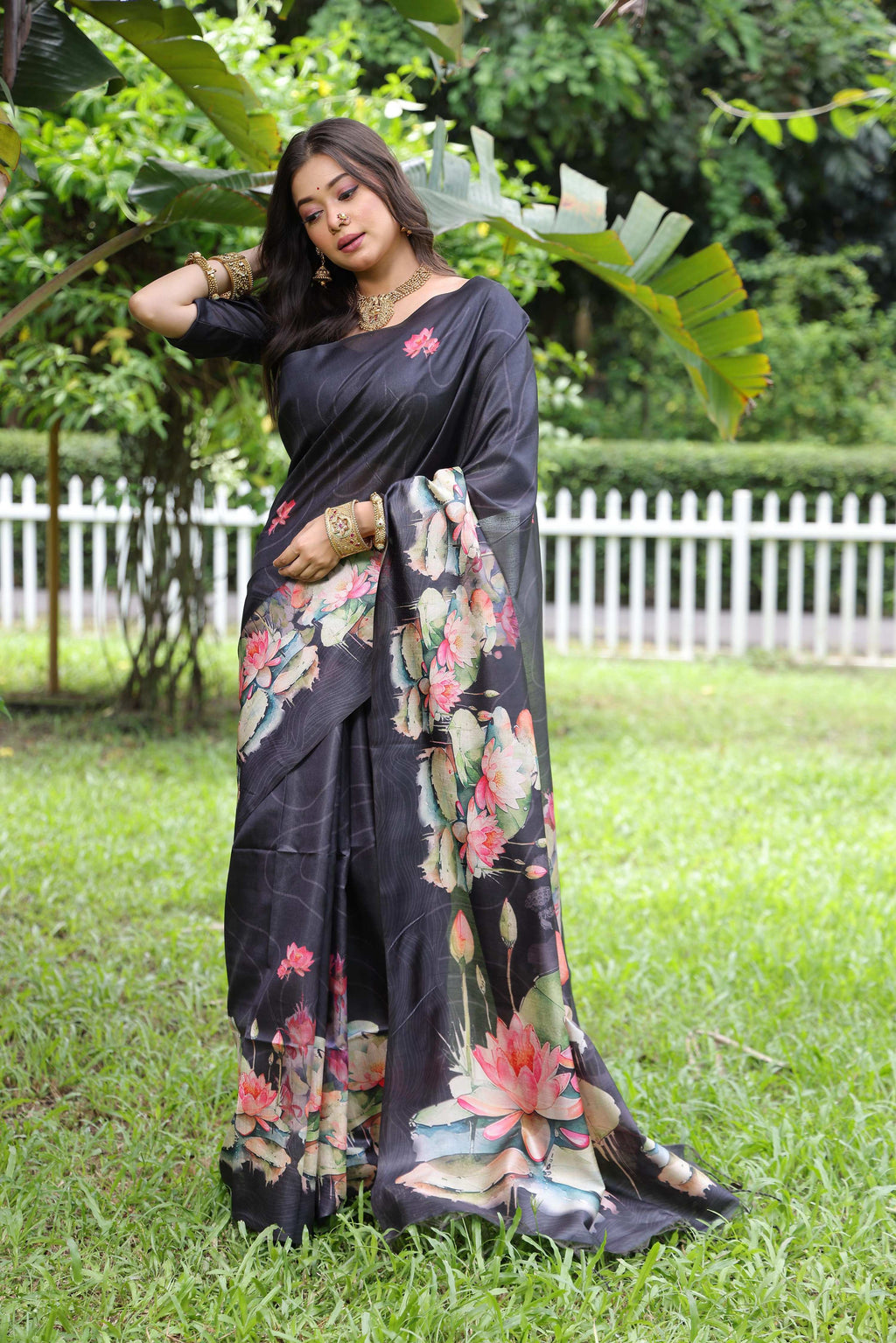 Women's Black Soft Tussar Silk Floral Printed Saree with Blouse