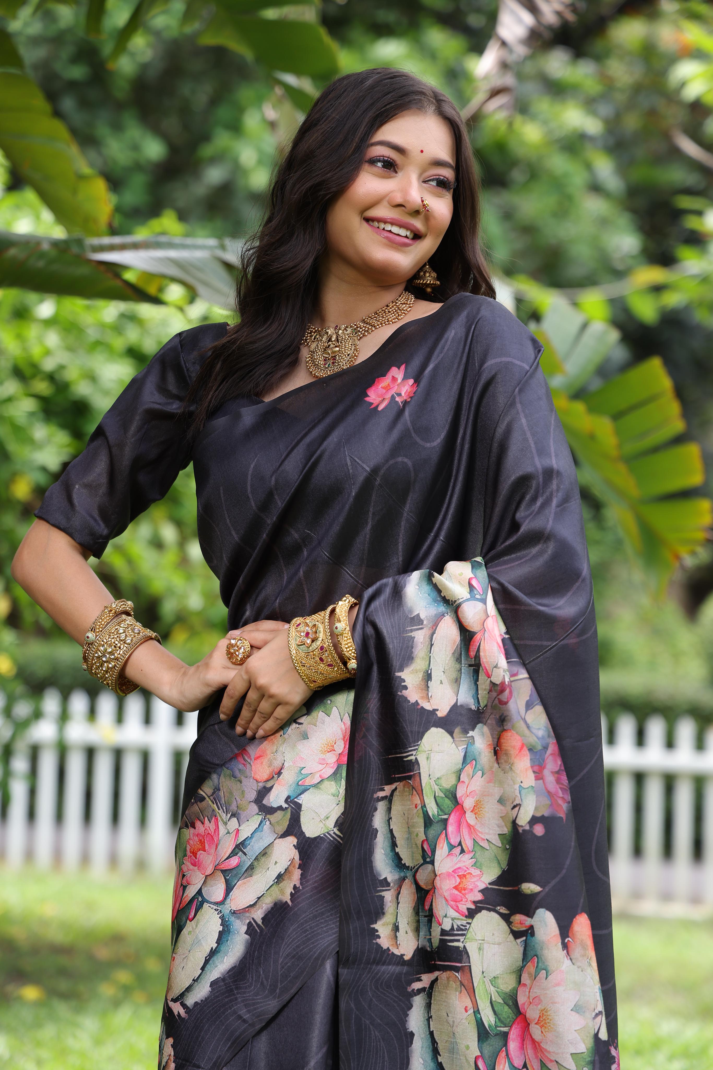 Women's Black Soft Tussar Silk Floral Printed Saree with Blouse