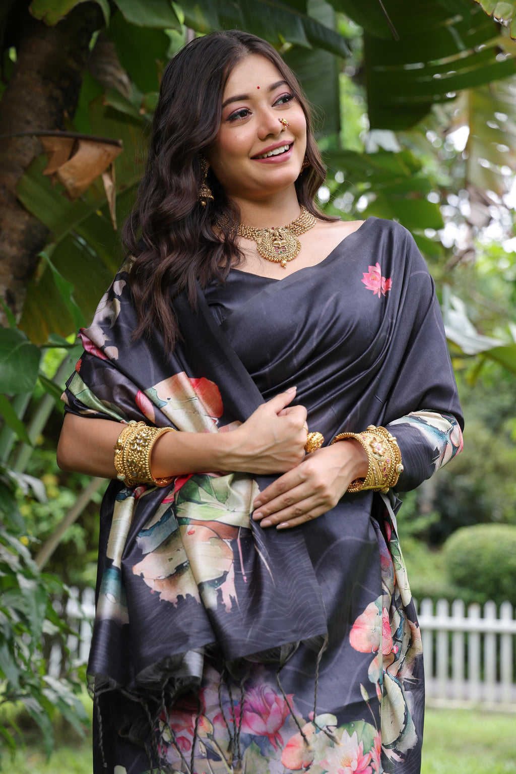 Women's Black Soft Tussar Silk Floral Printed Saree with Blouse