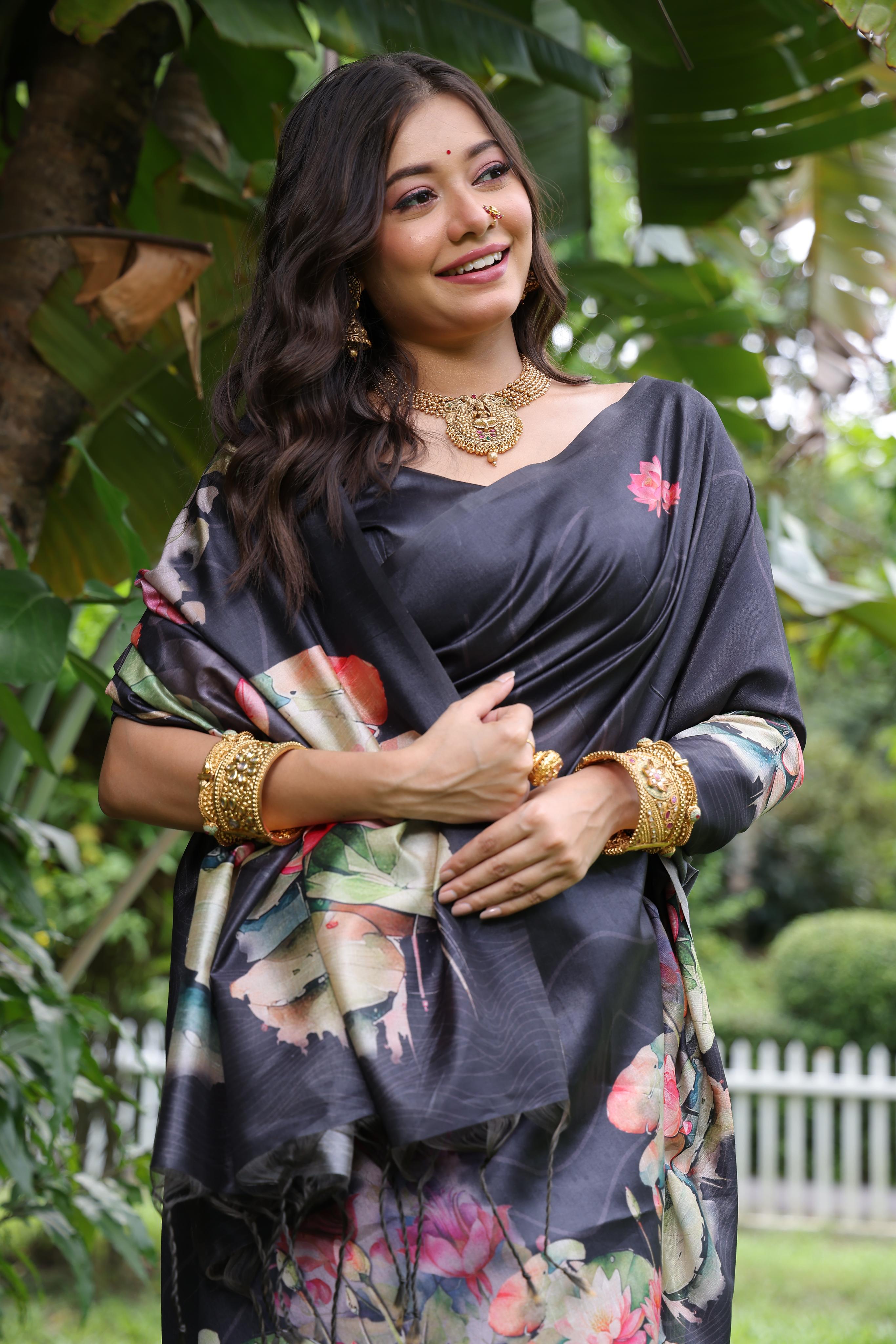 Women's Black Soft Tussar Silk Floral Printed Saree with Blouse