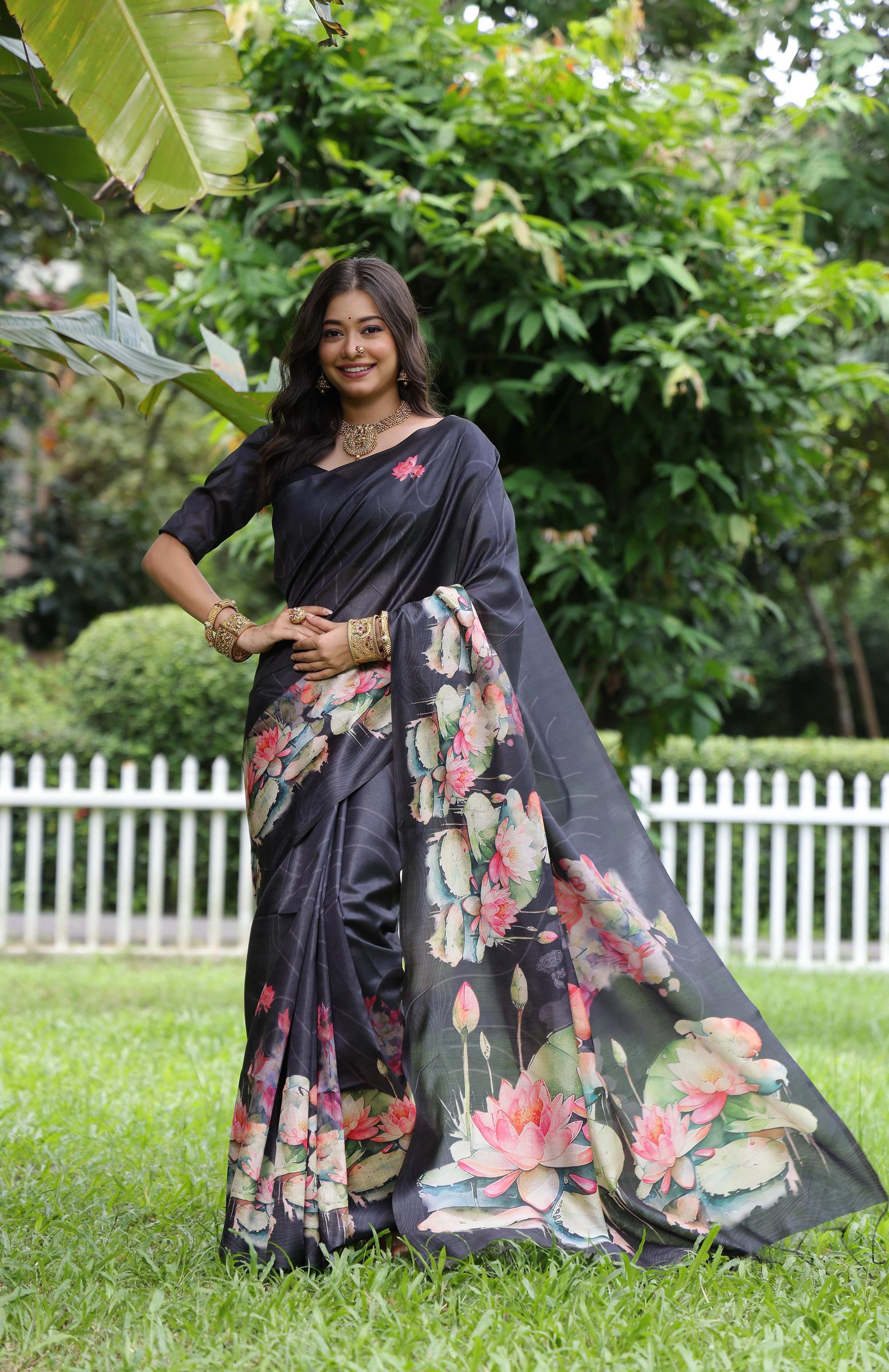Elegant black Soft Tussar Silk saree with floral print and unstitched blouse piece