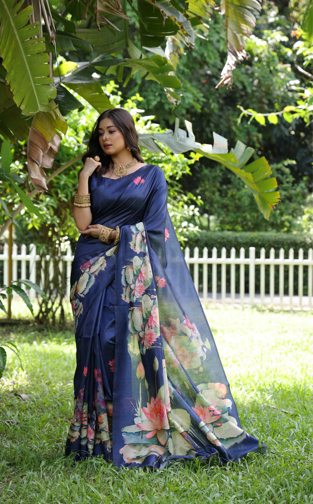 Beautiful blue soft Tussar silk saree with floral prints and included blouse piece