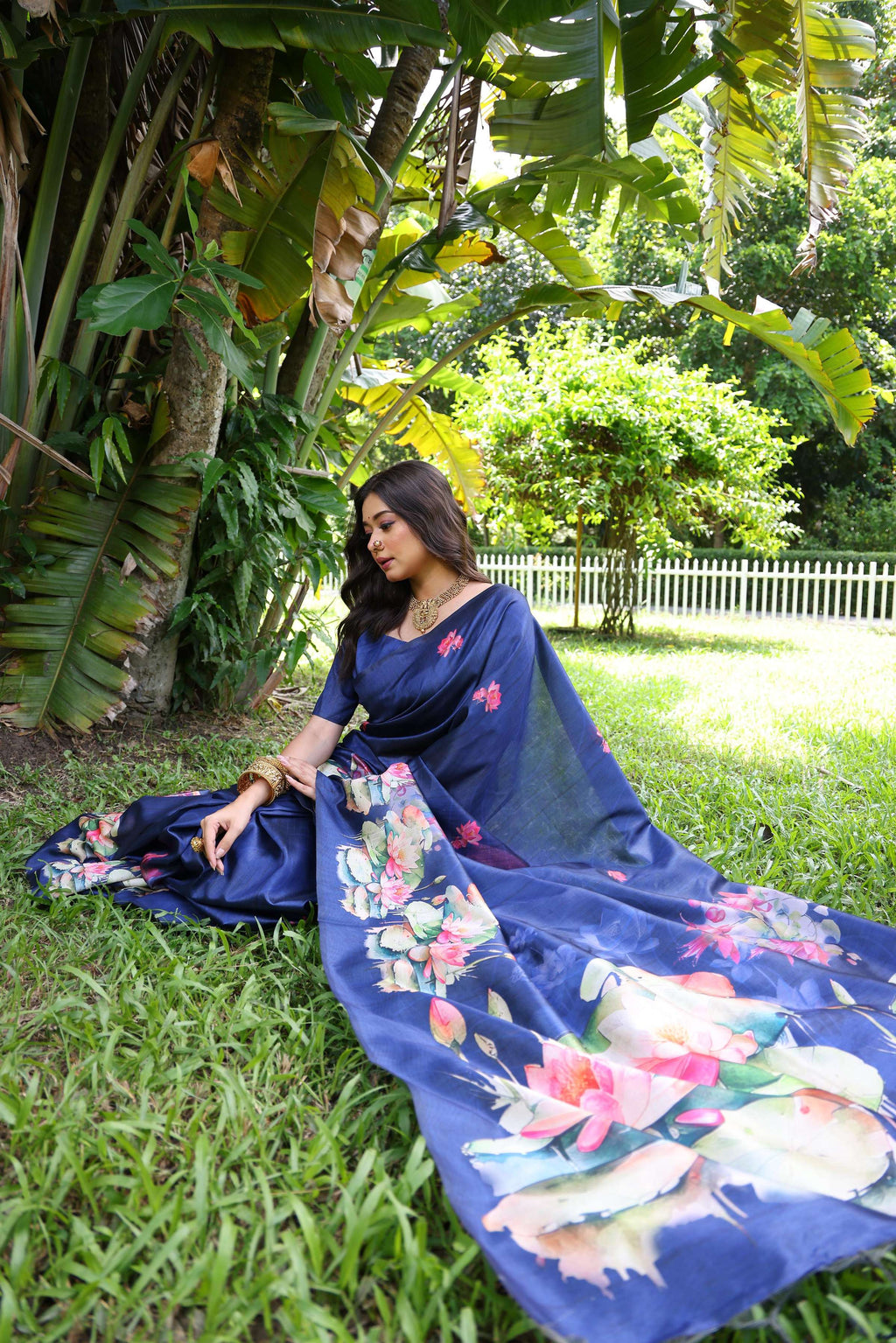Blue Soft Tussar Silk Floral Printed Saree with Blouse Piece