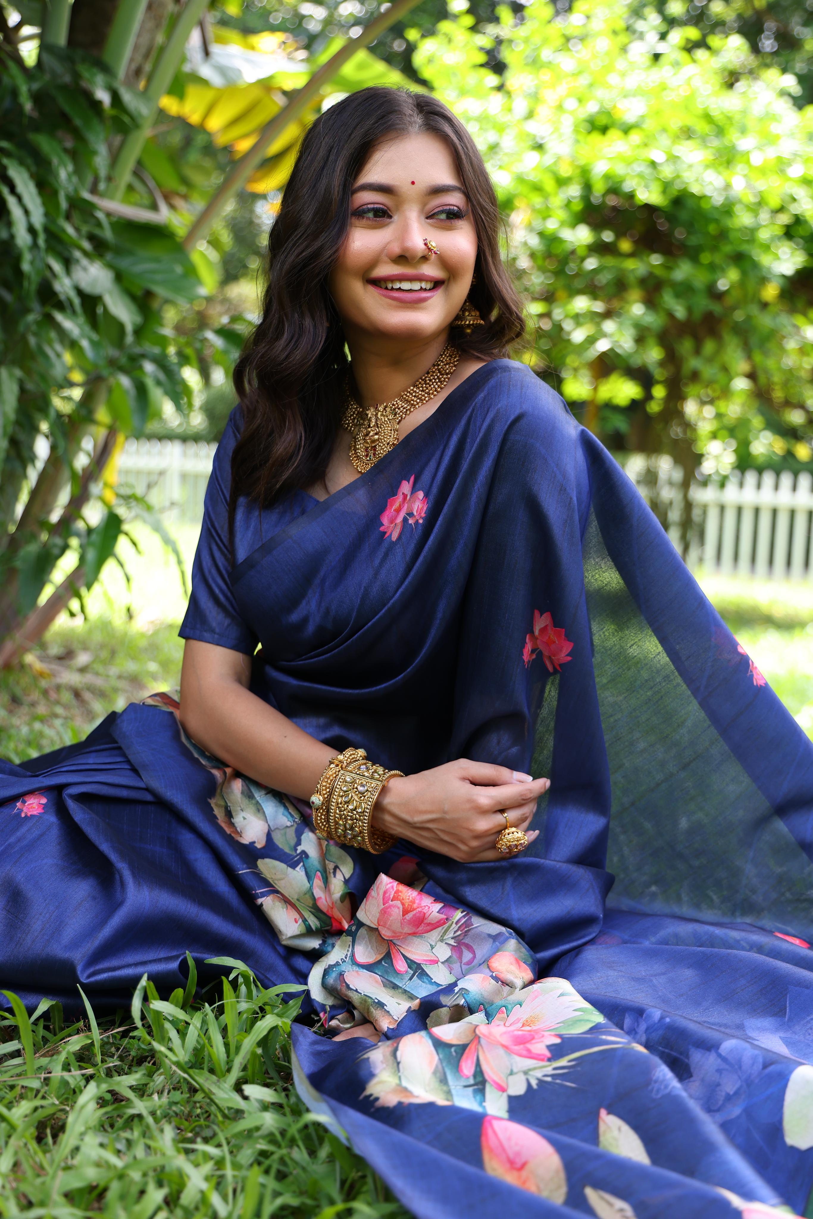 Blue Soft Tussar Silk Floral Printed Saree with Blouse Piece