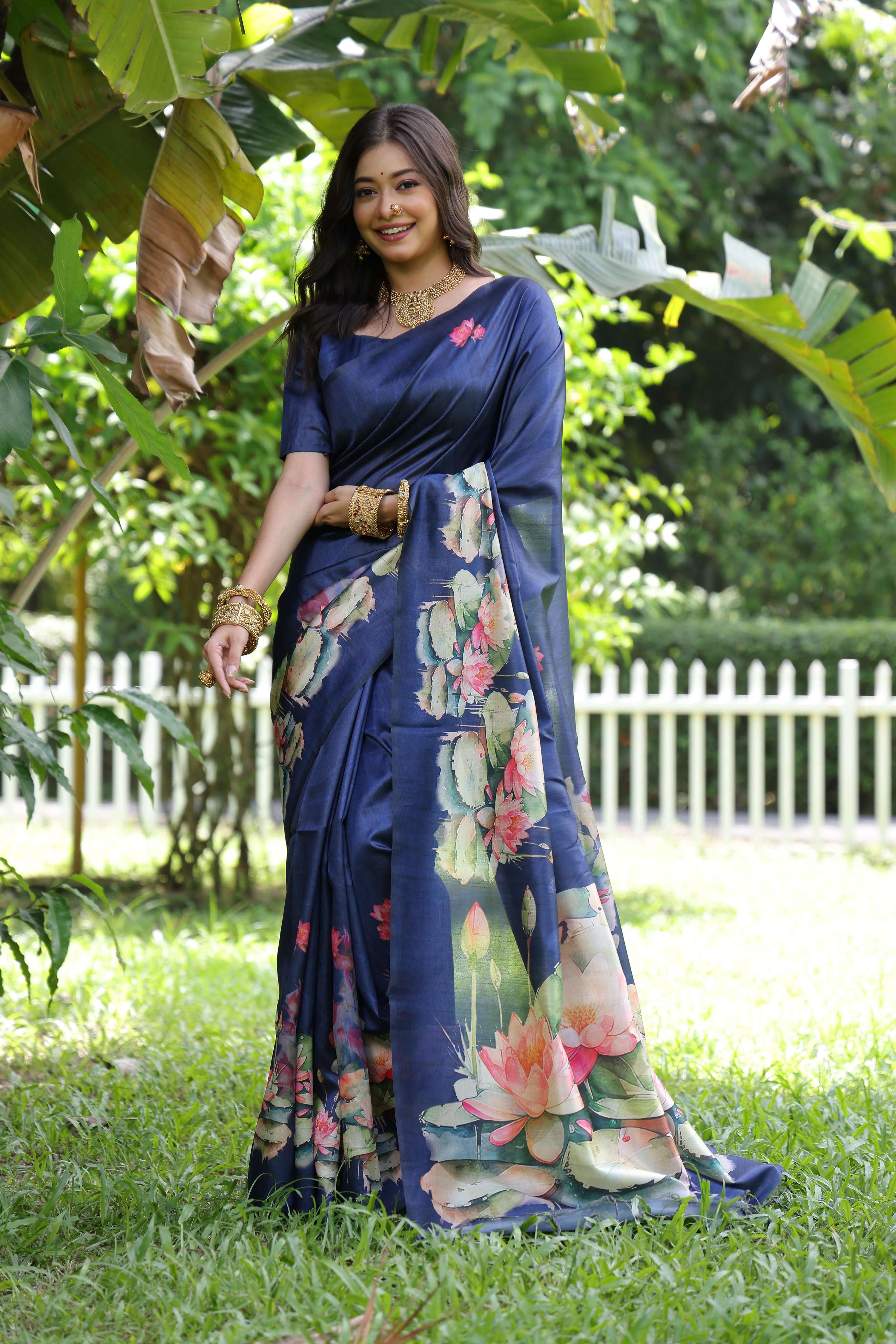 Blue Soft Tussar Silk Floral Printed Saree with Blouse Piece