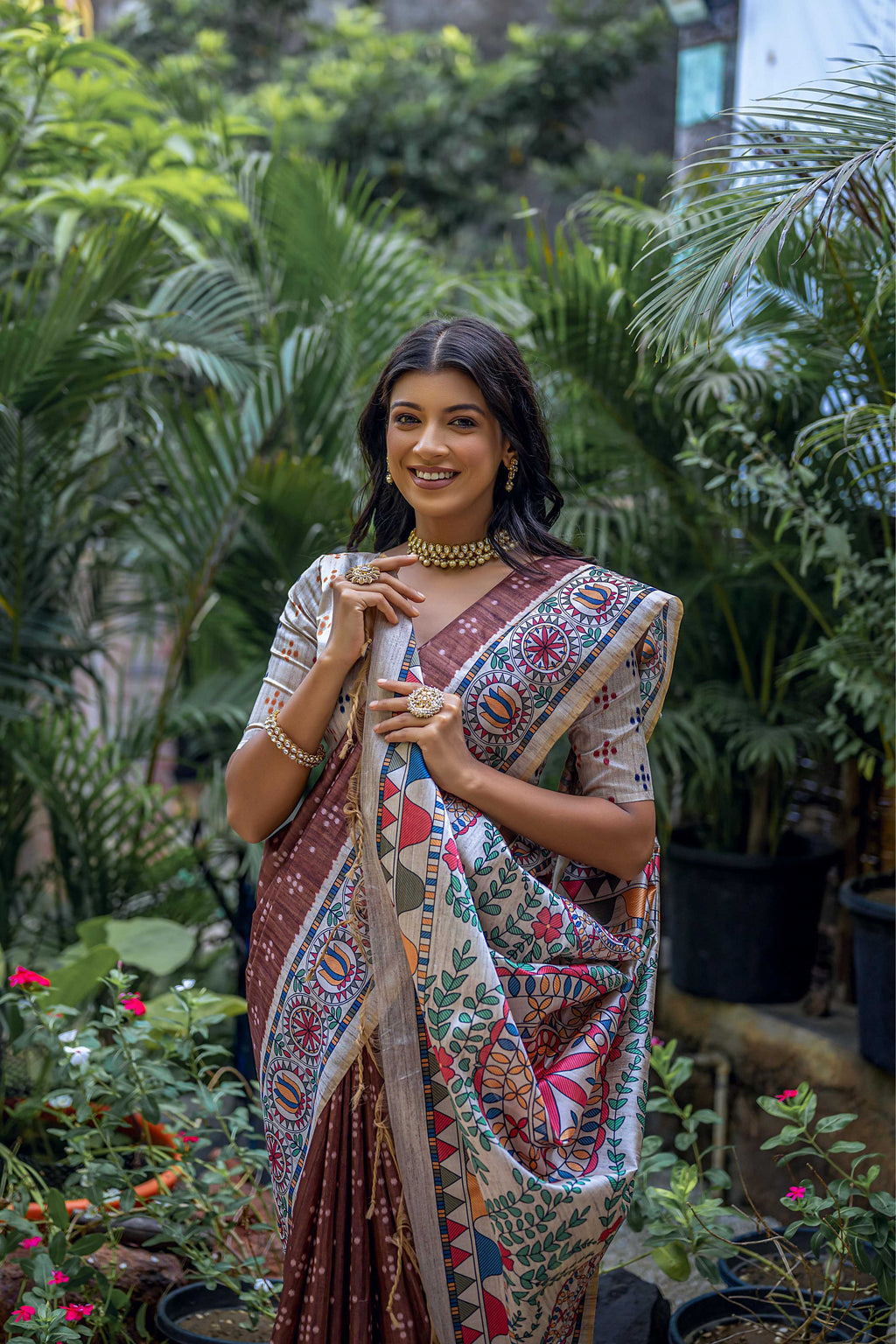 Brown Soft Tussar Silk Madhubani Printed Saree with Blouse