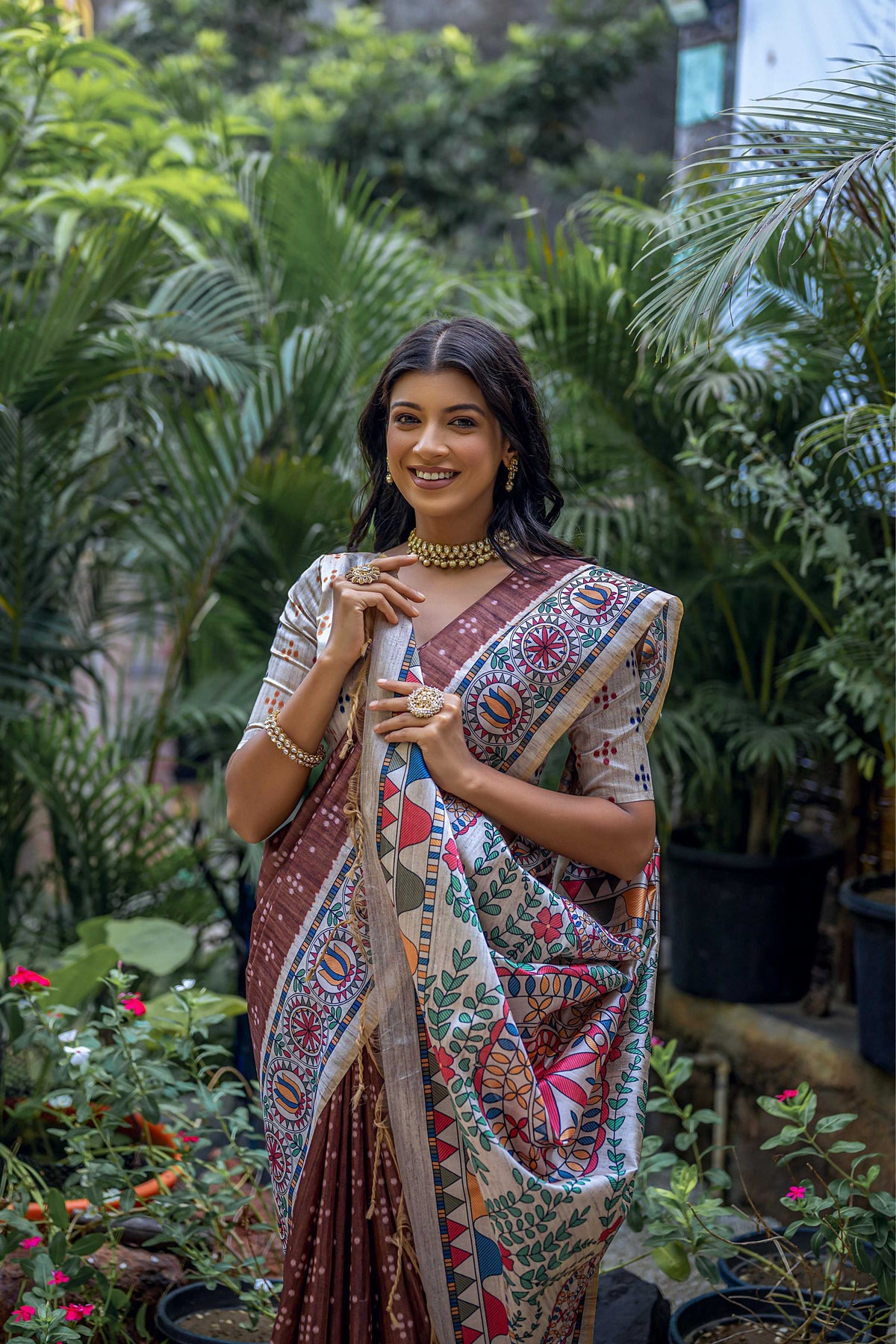 Brown Soft Tussar Silk Madhubani Printed Saree with Blouse