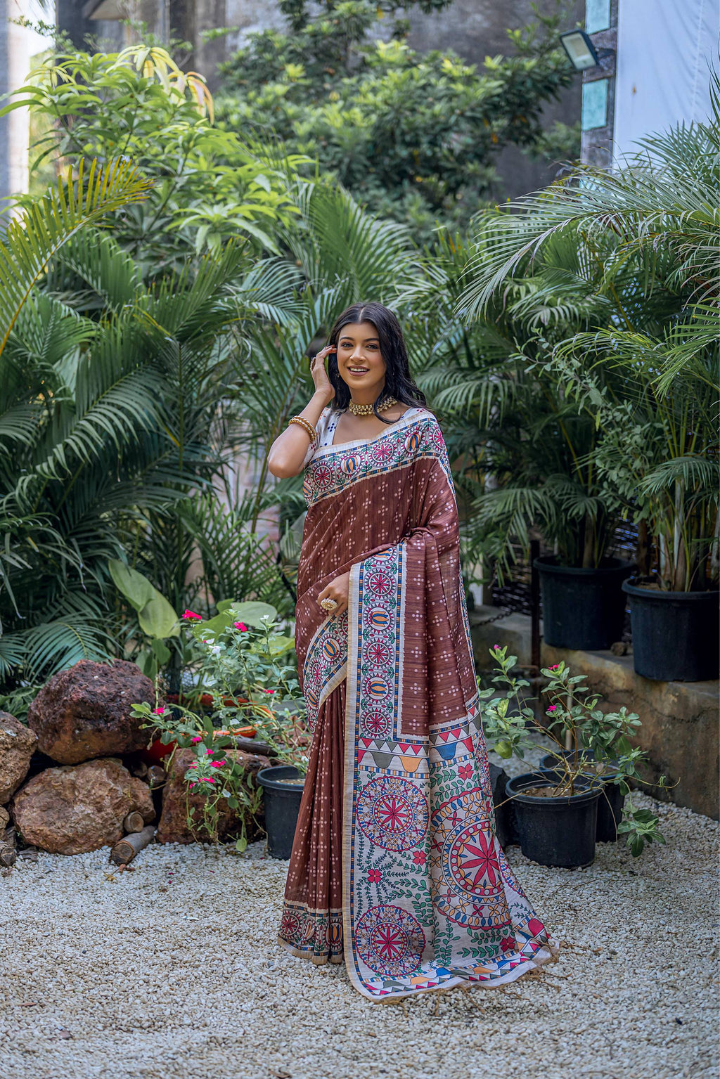 Brown Soft Tussar Silk Madhubani Printed Saree with Blouse