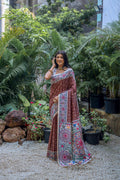 Brown Soft Tussar Silk Madhubani Printed Saree with Blouse