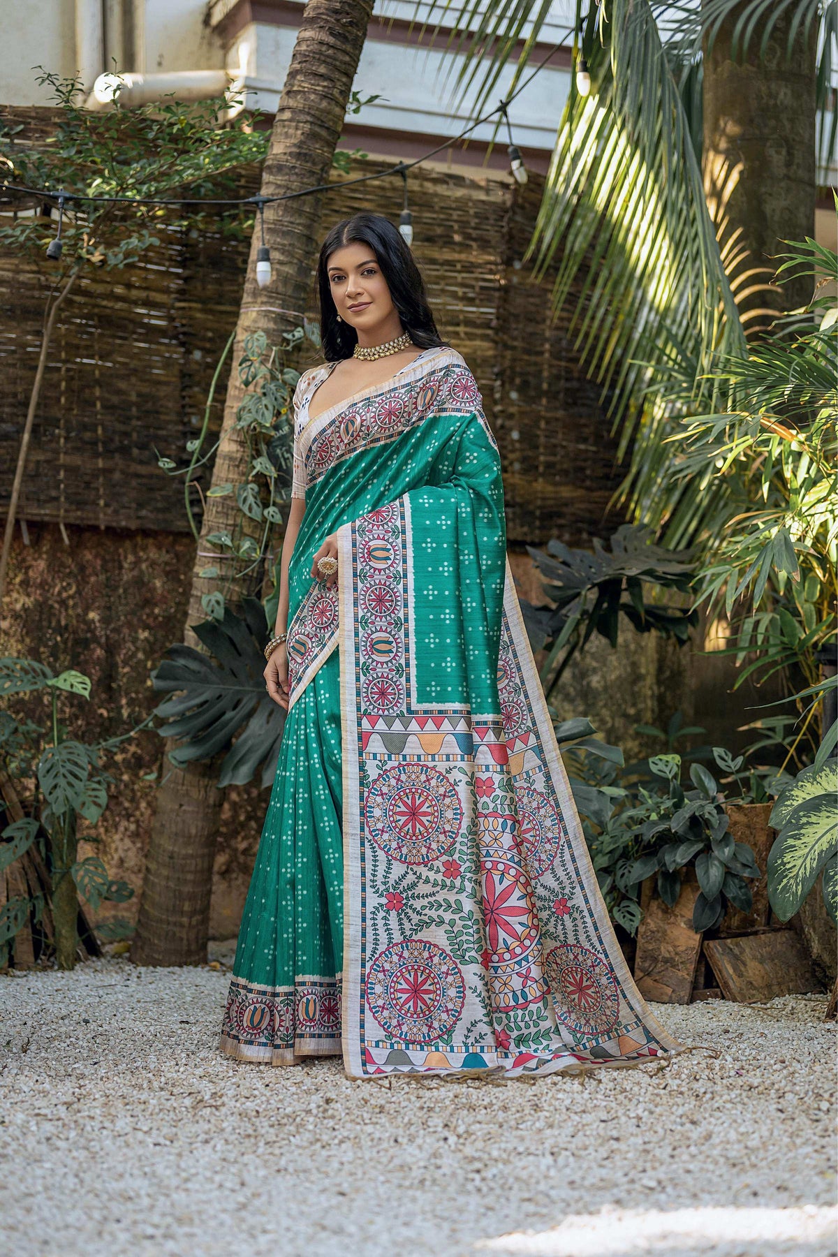 Sea Green Soft Tussar Silk saree with traditional Madhubani prints and unstitched blouse