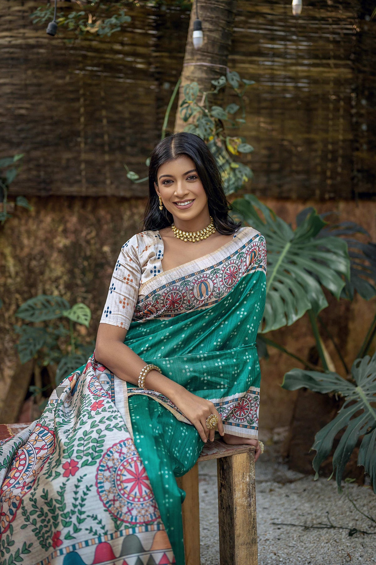 Sea Green Soft Tussar Silk Saree with Madhubani Print & Blouse