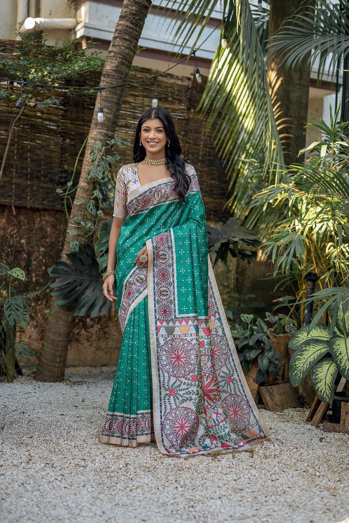 Sea Green Soft Tussar Silk Saree with Madhubani Print & Blouse