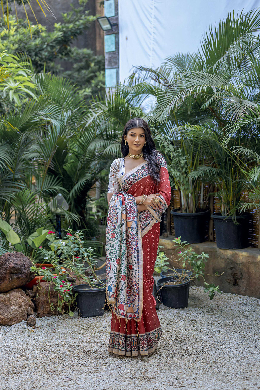 Maroon Soft Tussar Silk Saree with Madhubani Print and Blouse