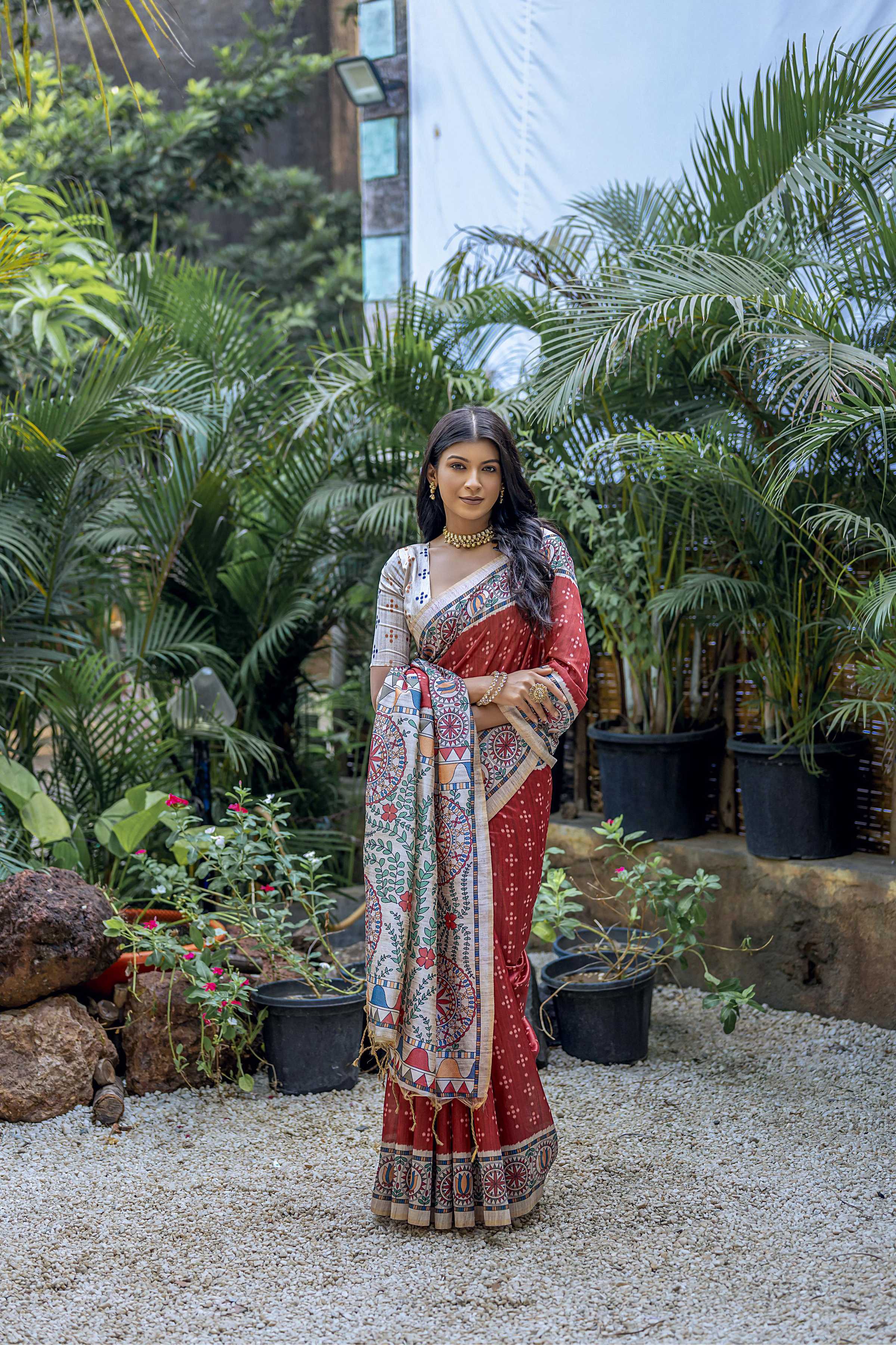 Maroon Soft Tussar Silk Saree with Madhubani Print and Blouse