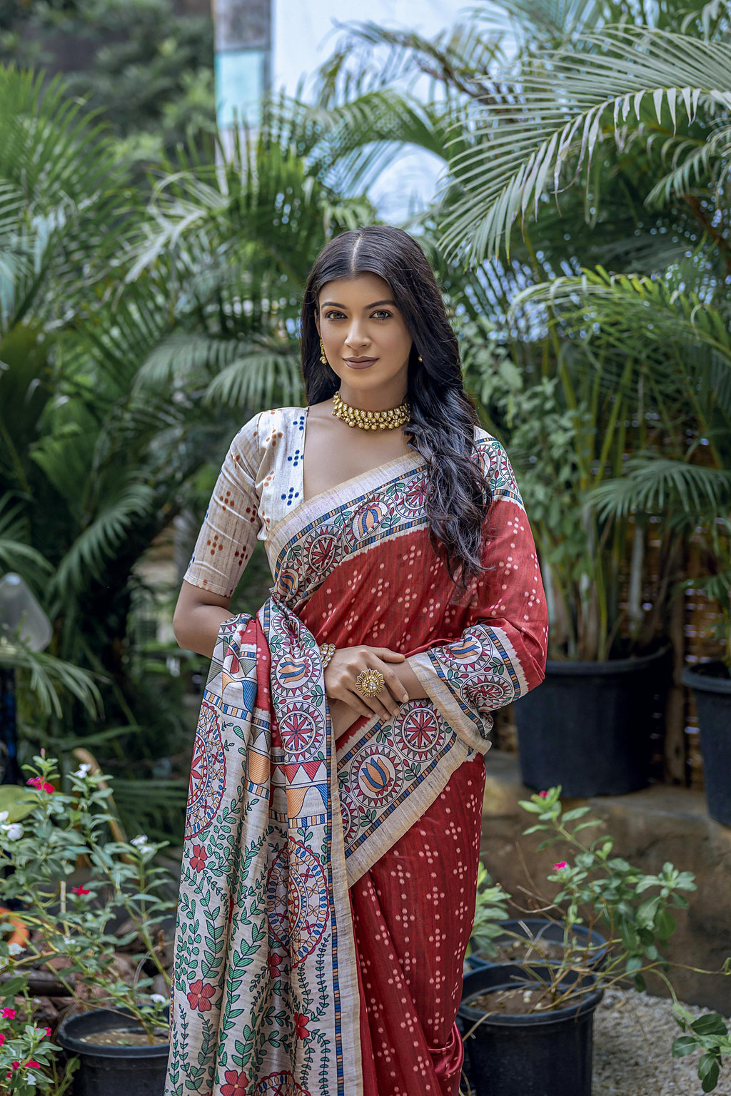 Maroon Soft Tussar Silk Saree with Madhubani Print and Blouse