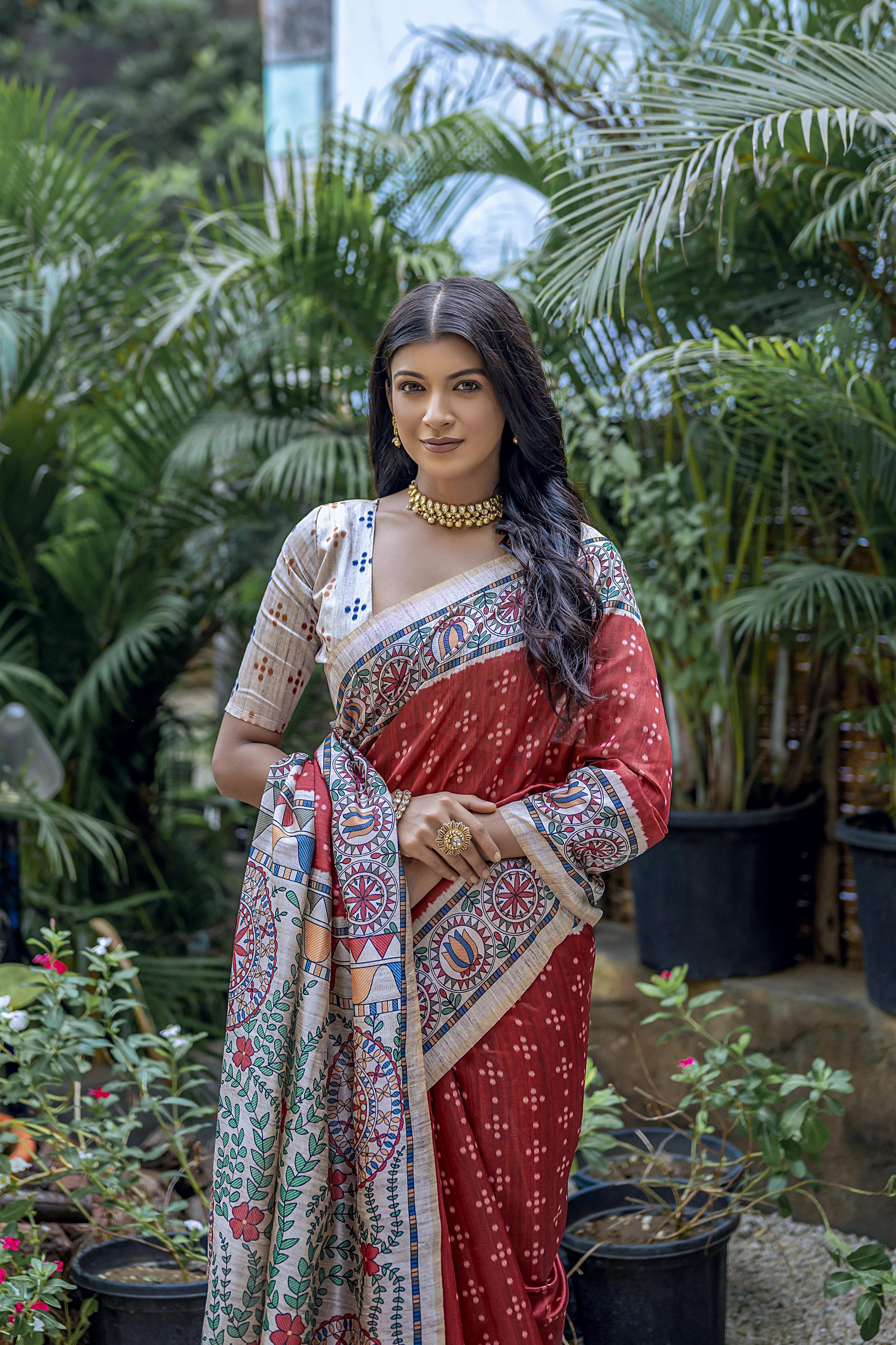 Maroon Soft Tussar Silk Saree with Madhubani Print and Blouse