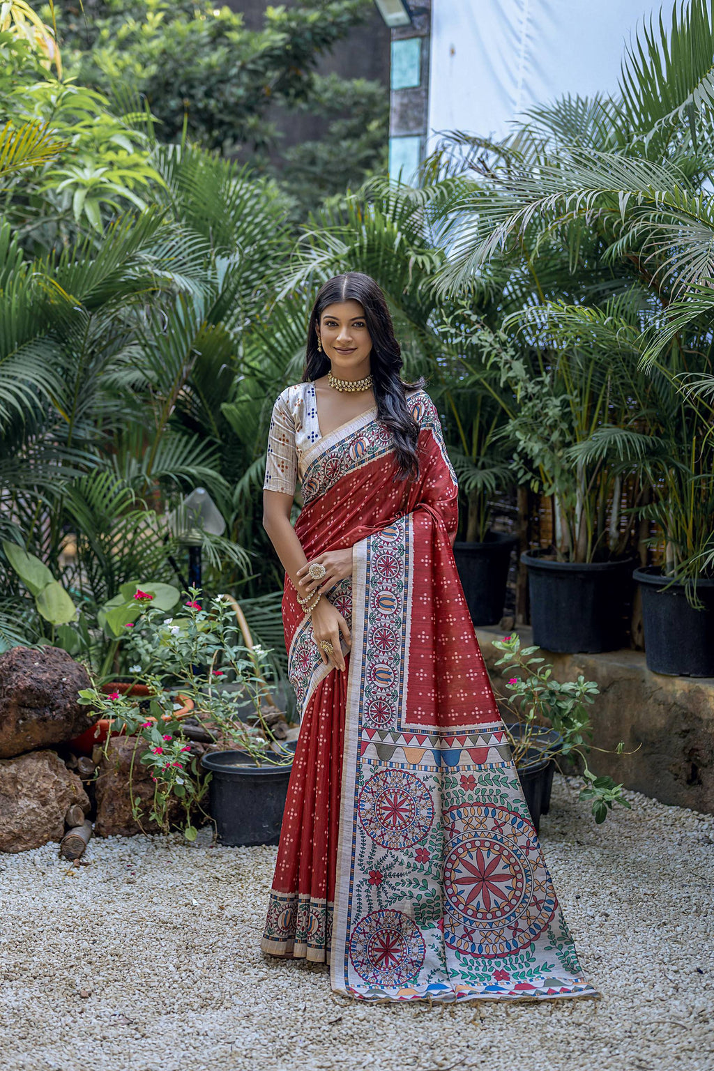 Maroon Soft Tussar Silk Saree with traditional Madhubani prints and matching blouse