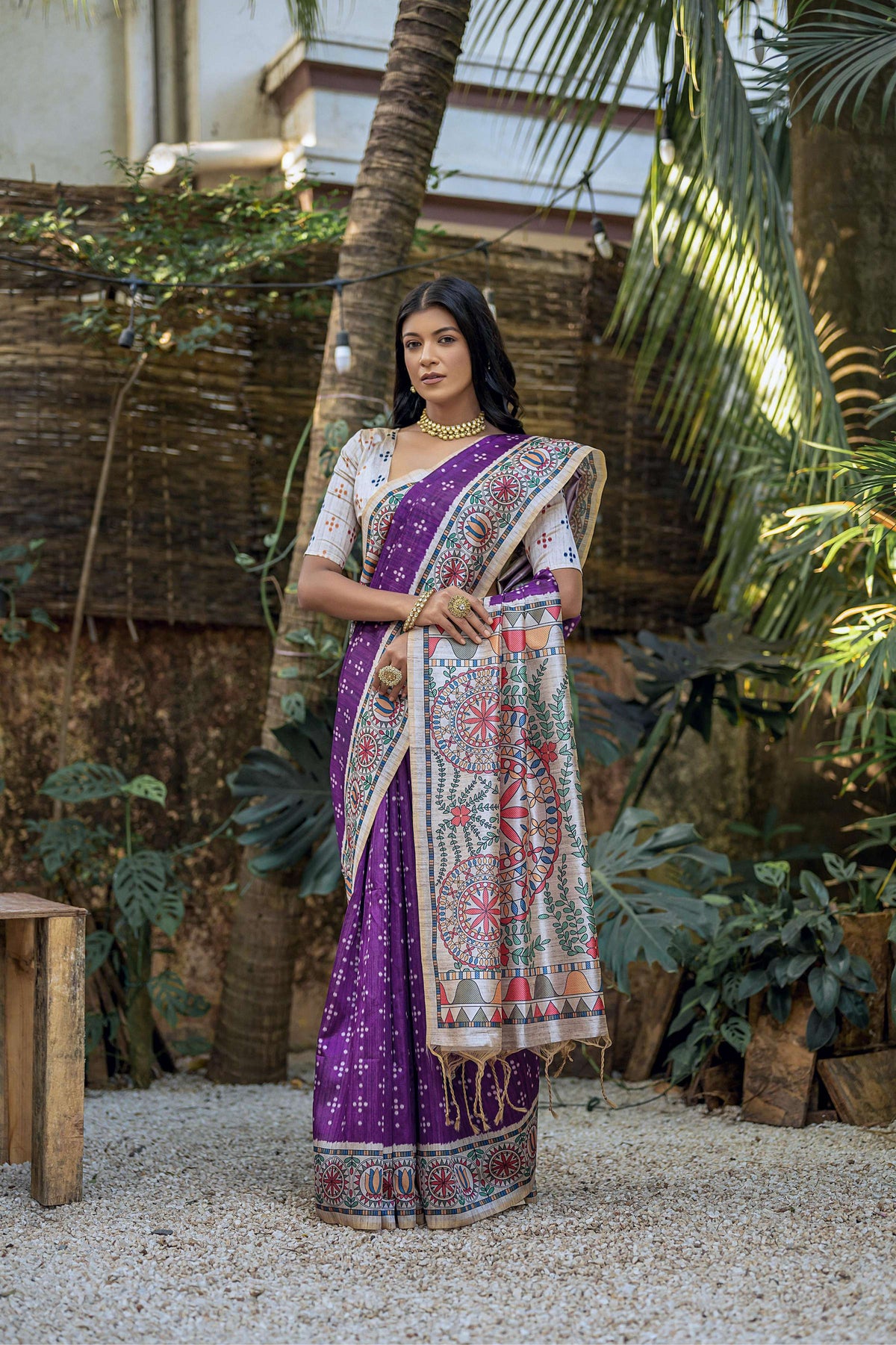 Purple Soft Tussar Silk Saree with Madhubani Print