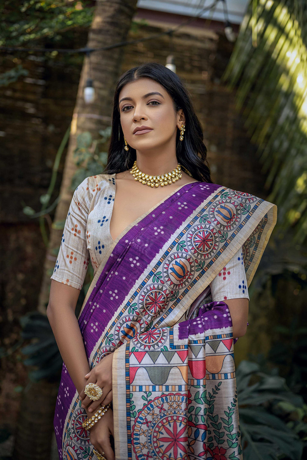 Purple Soft Tussar Silk Saree with Madhubani Print