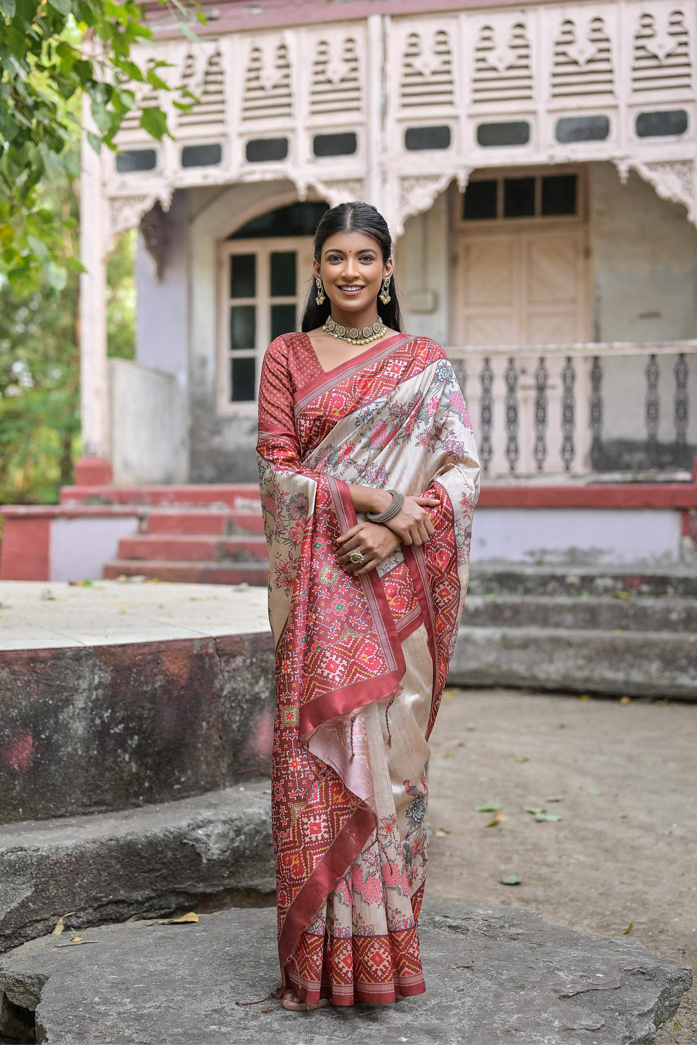 Women's Maroon Soft Tussar Silk Floral Printed Saree with Blouse