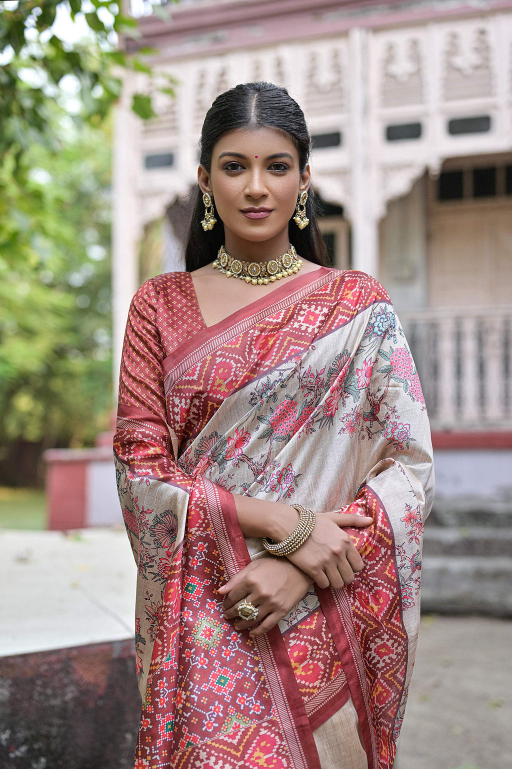 Women's Maroon Soft Tussar Silk Floral Printed Saree with Blouse