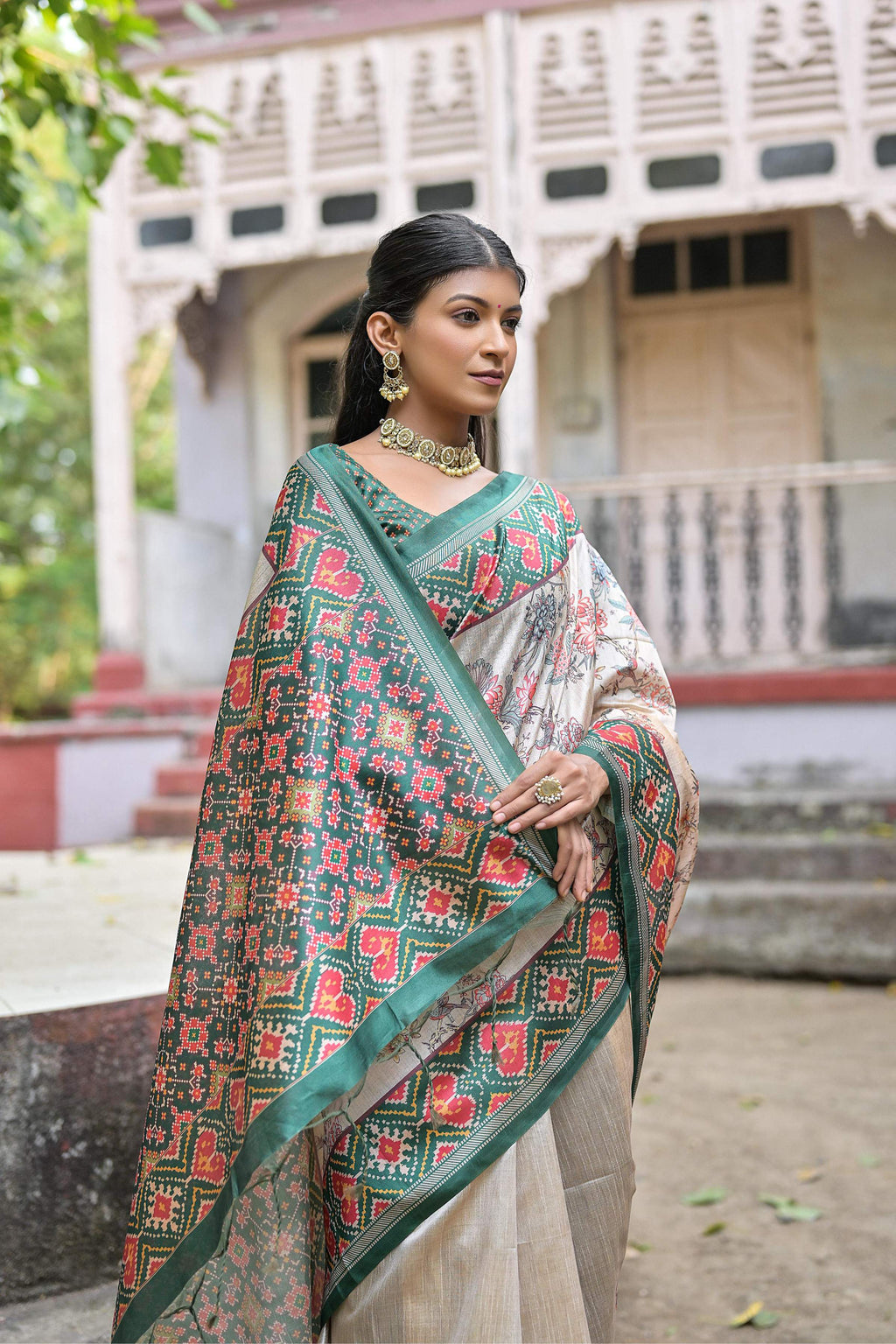 Rama Soft Tussar Silk Floral Printed Saree with Blouse