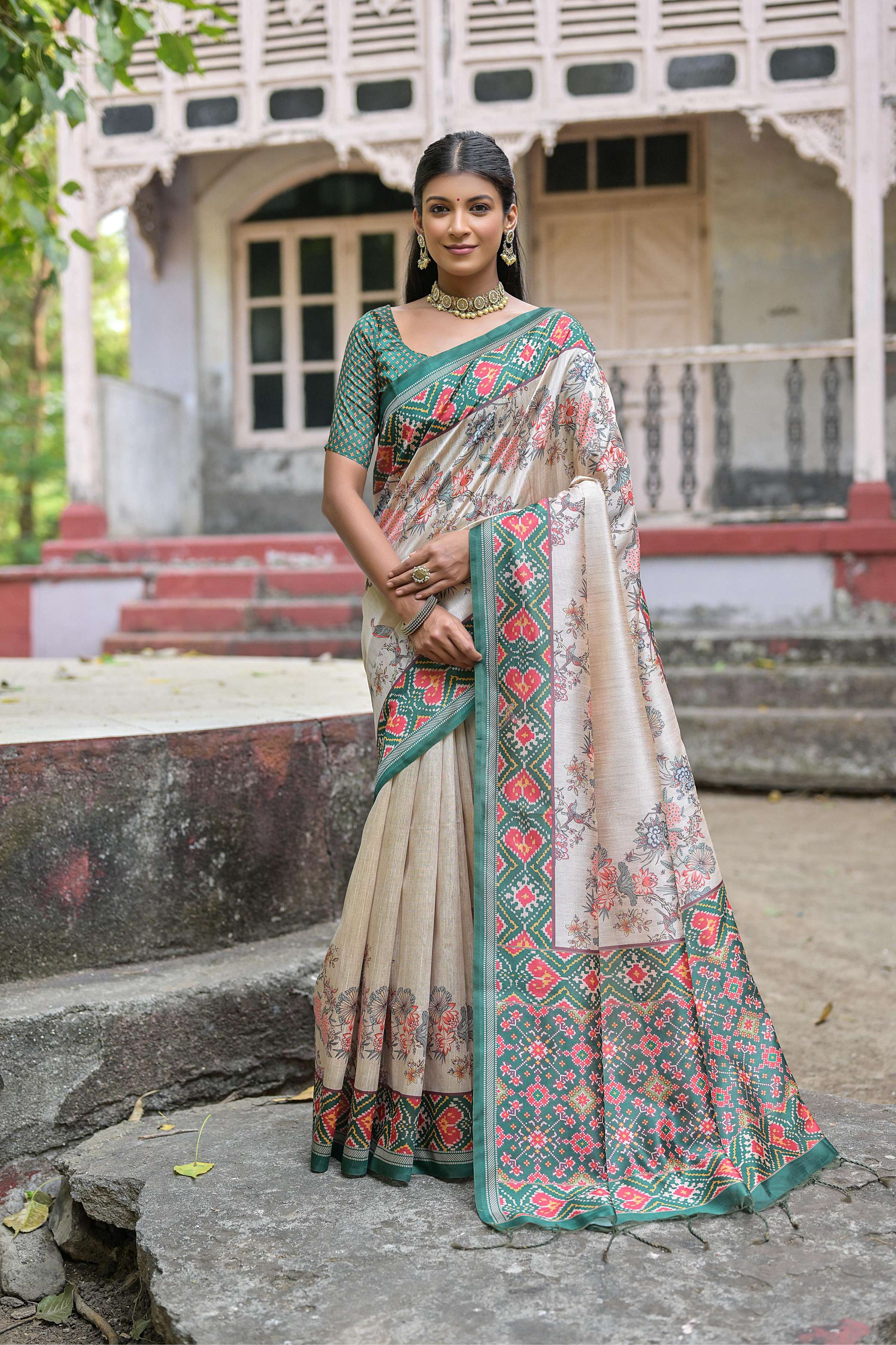 Rama colored soft Tussar silk saree with floral print design