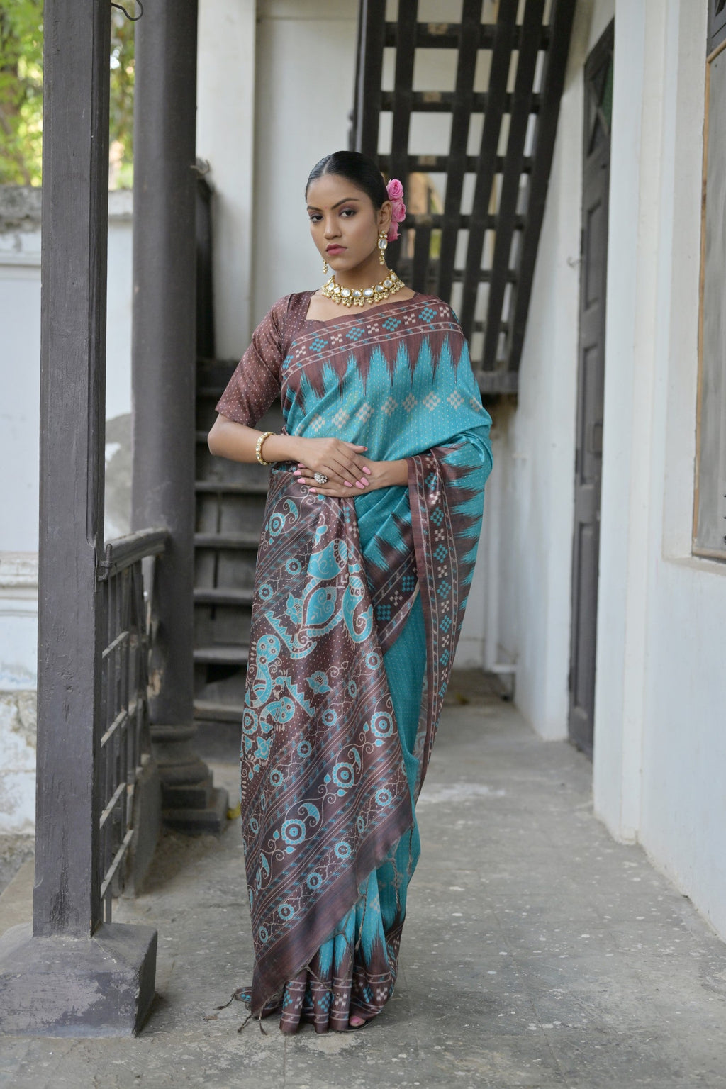 Sky Blue Soft Tussar Silk Saree with Temple Border