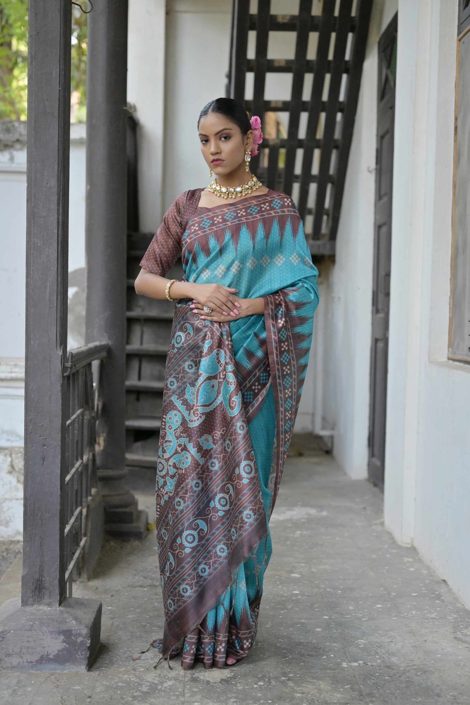Sky Blue Soft Tussar Silk Saree with Temple Border