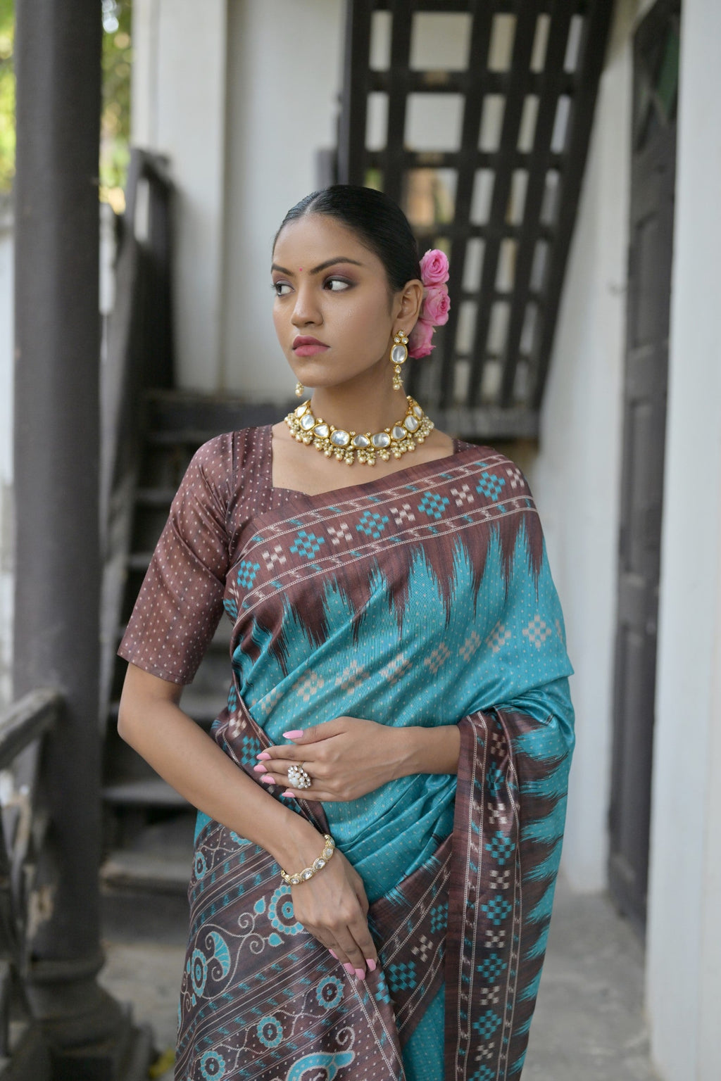Sky Blue Soft Tussar Silk Saree with Temple Border