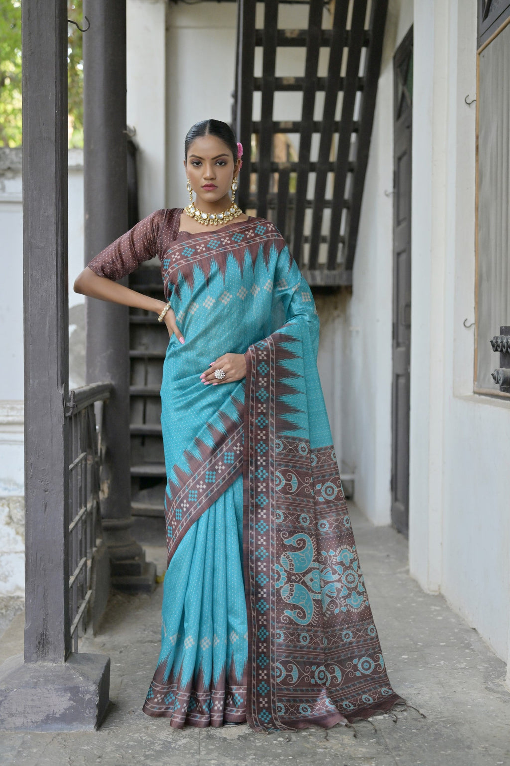 Jyoti Fashion sky blue soft Tussar silk saree with elegant temple border