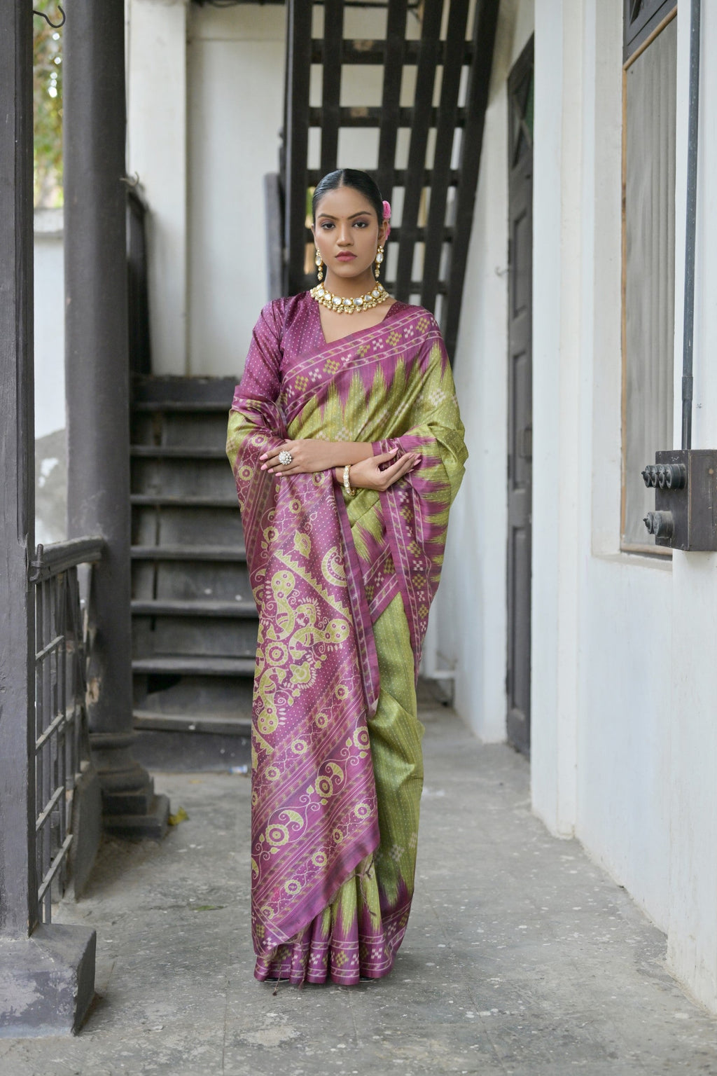 Green Soft Tussar Silk Saree with Ikkat Print Temple Border