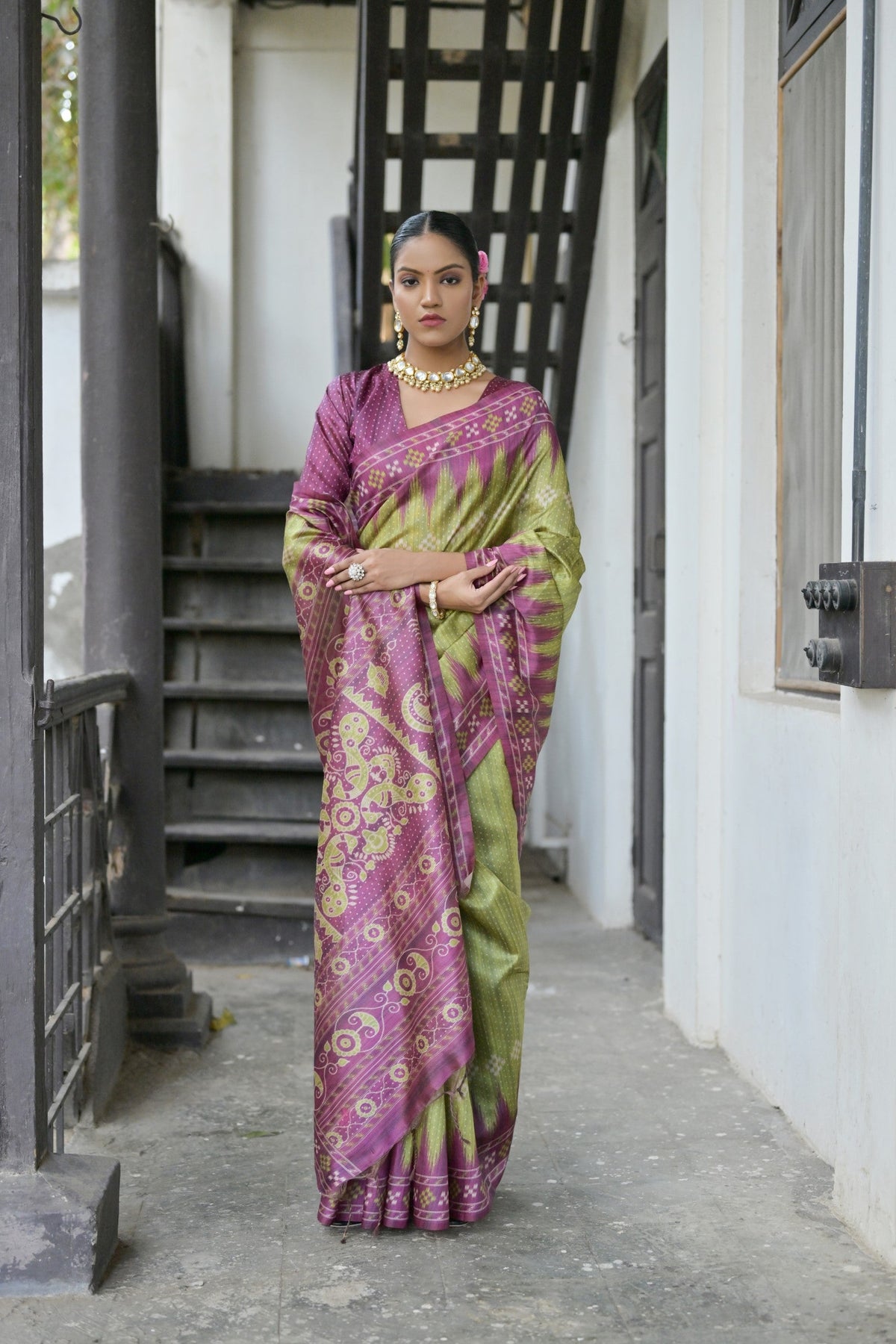 Green Soft Tussar Silk Saree with Ikkat Print Temple Border