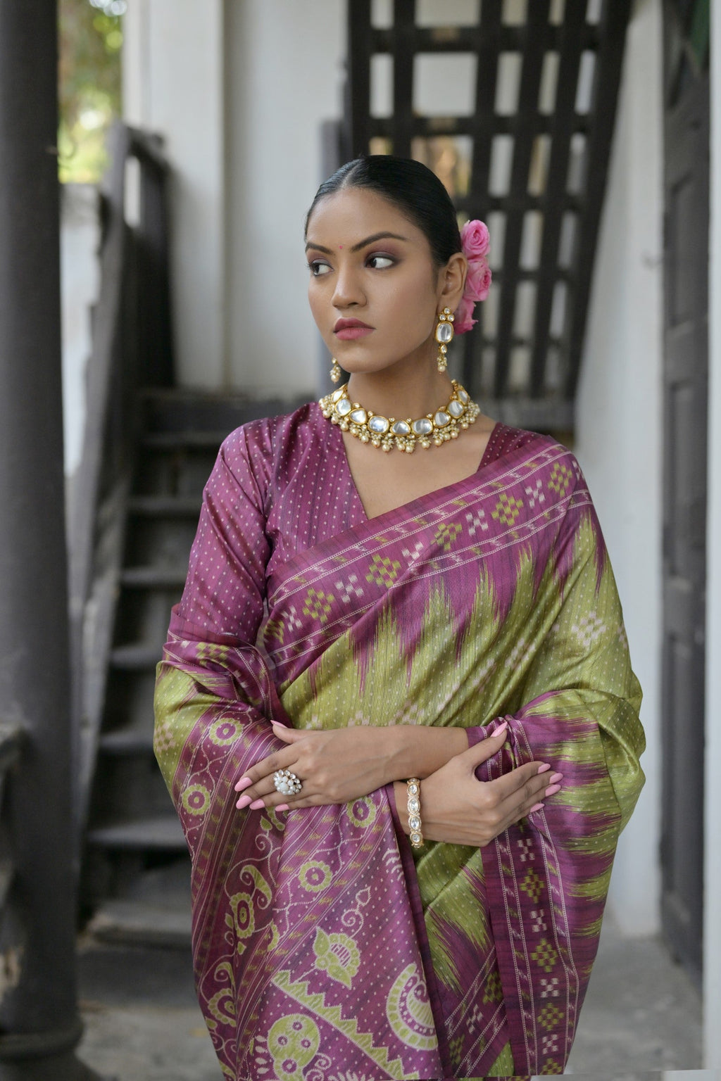 Green Soft Tussar Silk Saree with Ikkat Print Temple Border