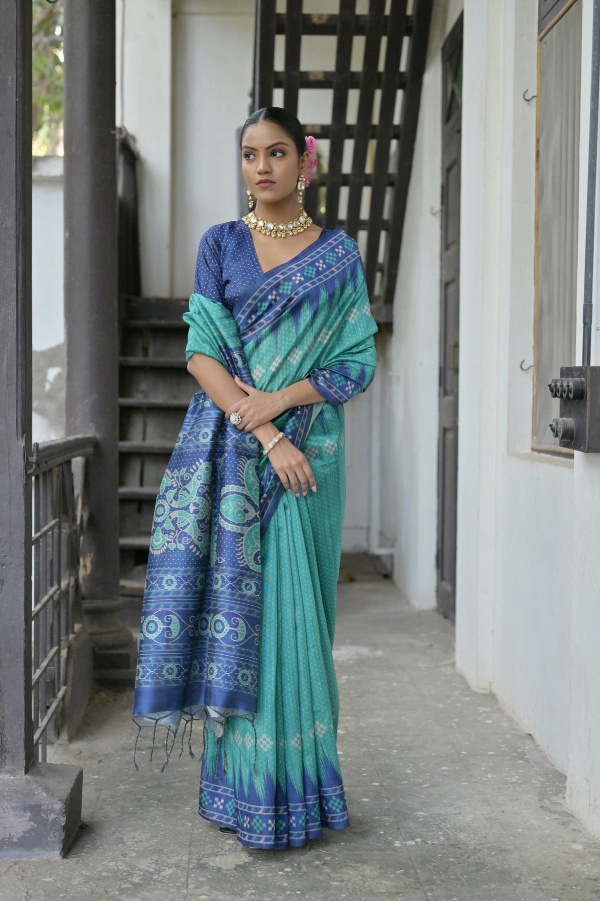 Sea Green Soft Tussar Silk Saree with Elegant Temple Border