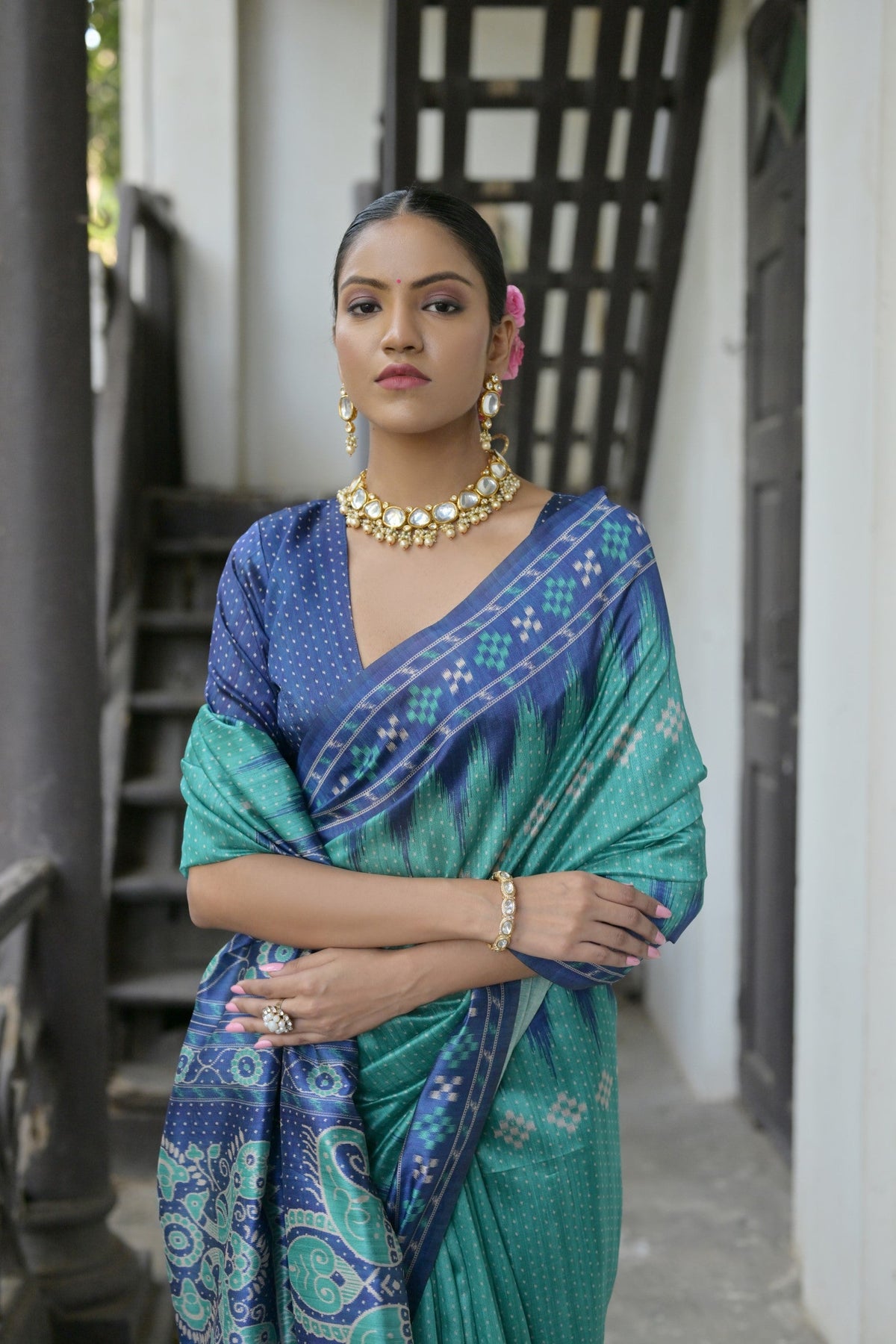 Sea Green Soft Tussar Silk Saree with Elegant Temple Border