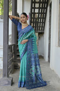 Sea Green Soft Tussar Silk saree featuring a traditional temple border design.