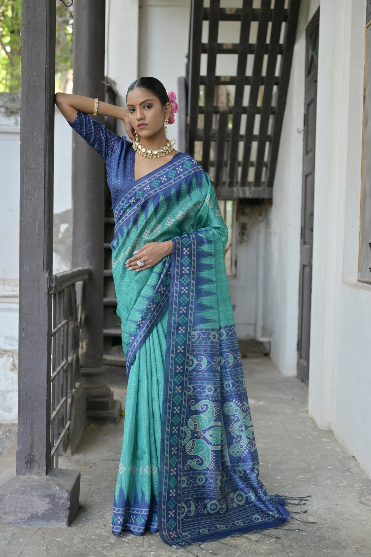 Sea Green Soft Tussar Silk saree featuring a traditional temple border design.