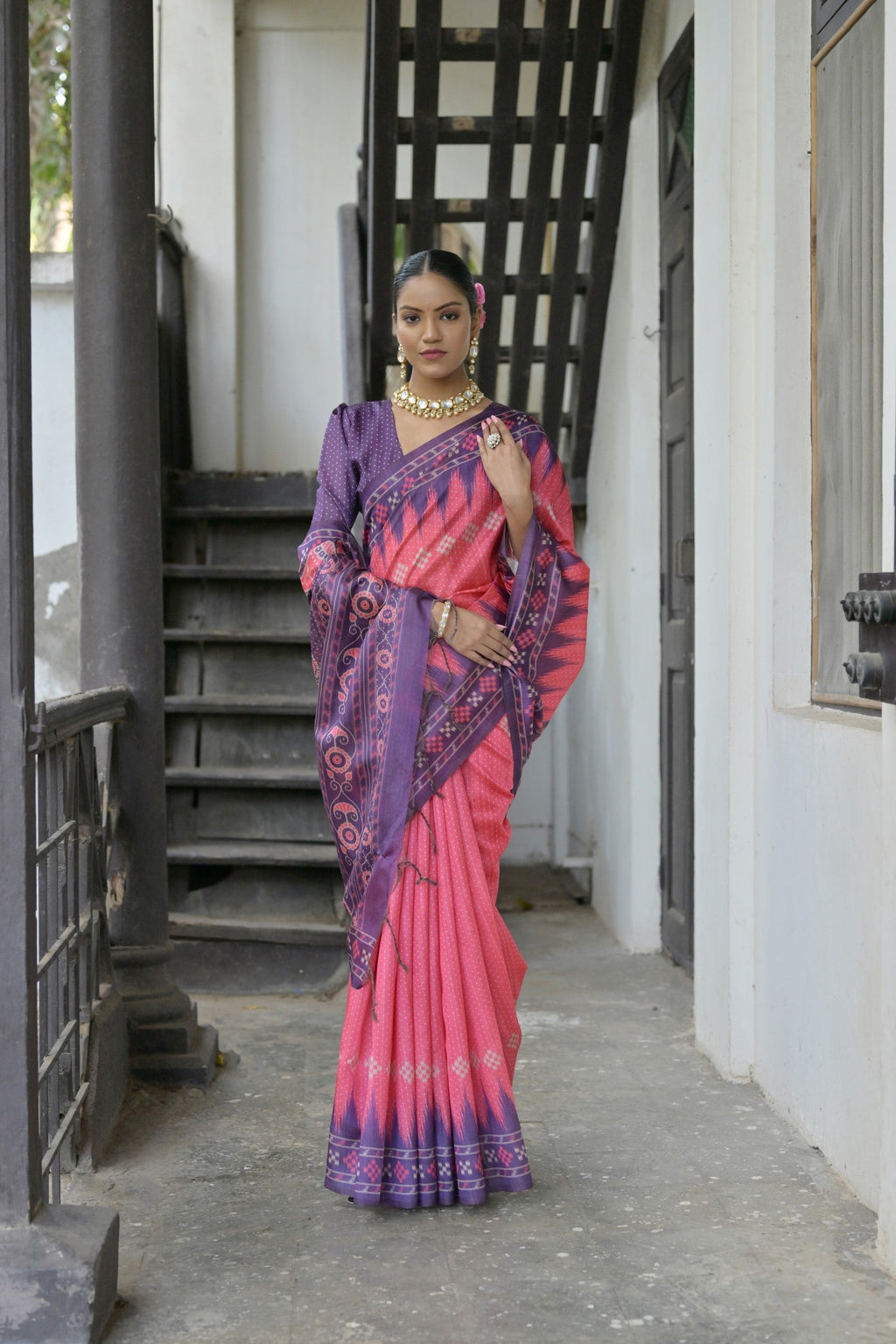 Pink Soft Tussar Silk Temple Border Saree with Blouse
