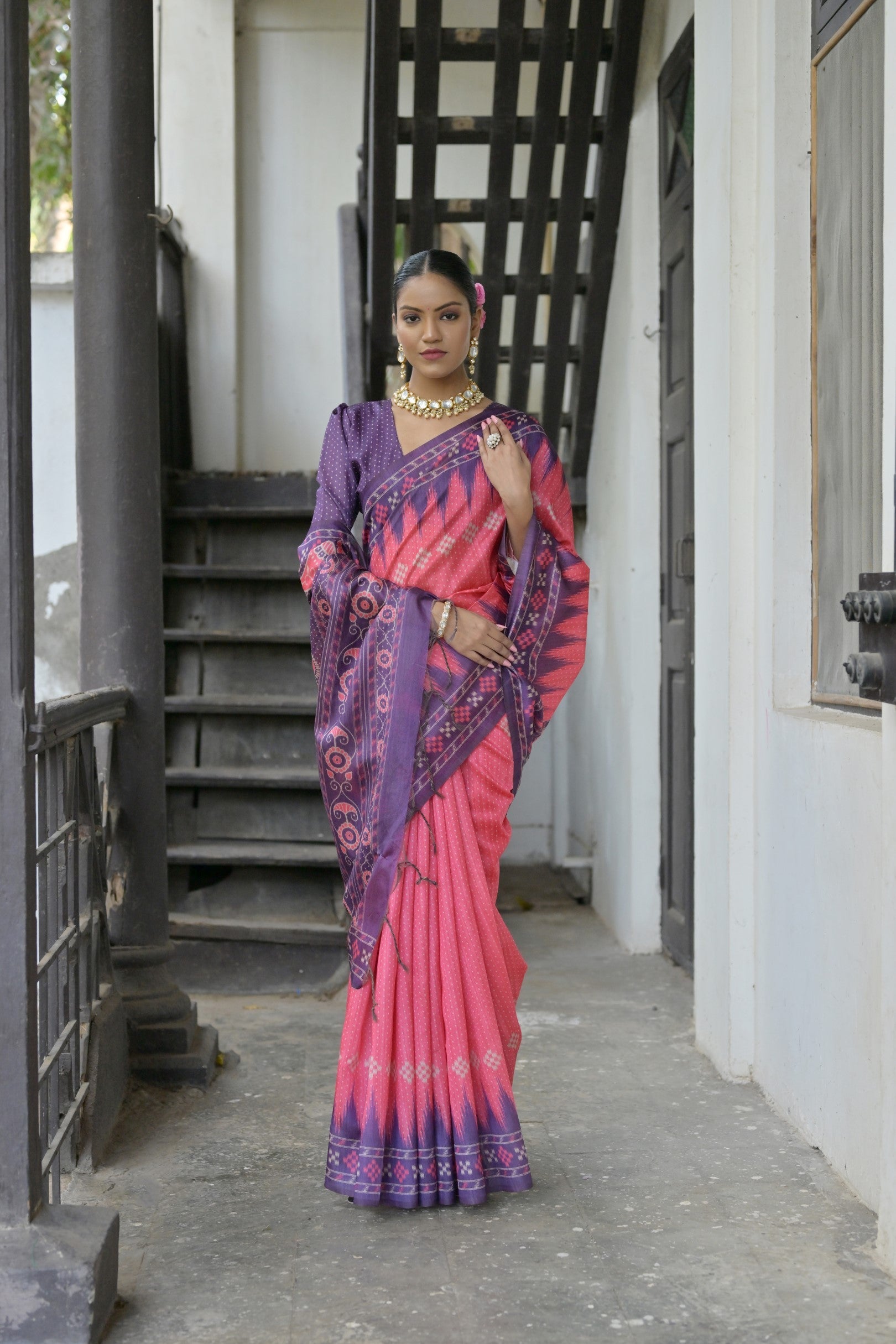 Pink Soft Tussar Silk Temple Border Saree with Blouse