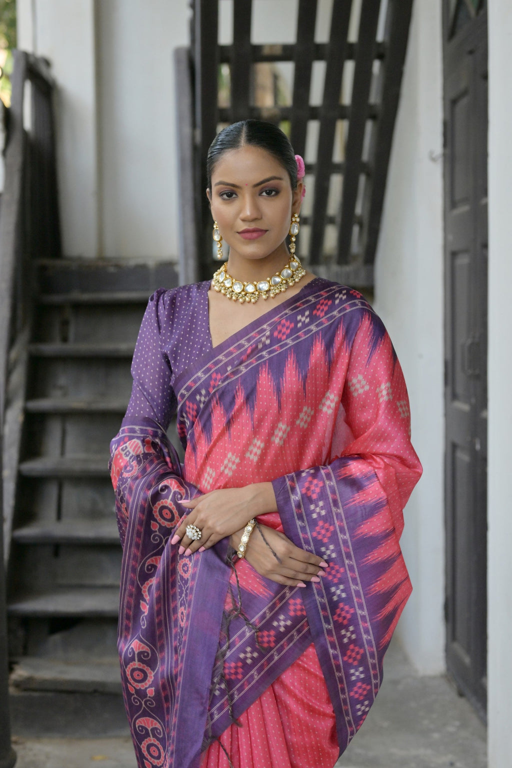 Pink Soft Tussar Silk Temple Border Saree with Blouse