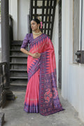 Pink soft Tussar silk saree with traditional temple border and matching blouse