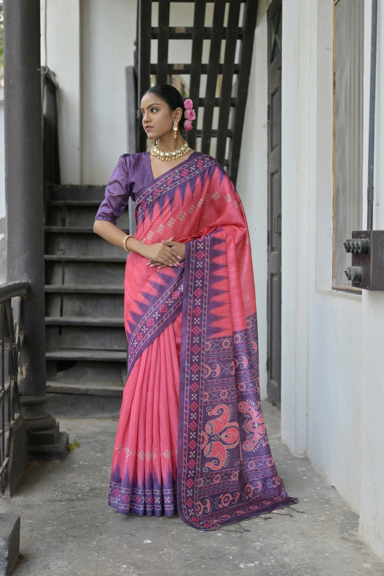 Pink soft Tussar silk saree with traditional temple border and matching blouse