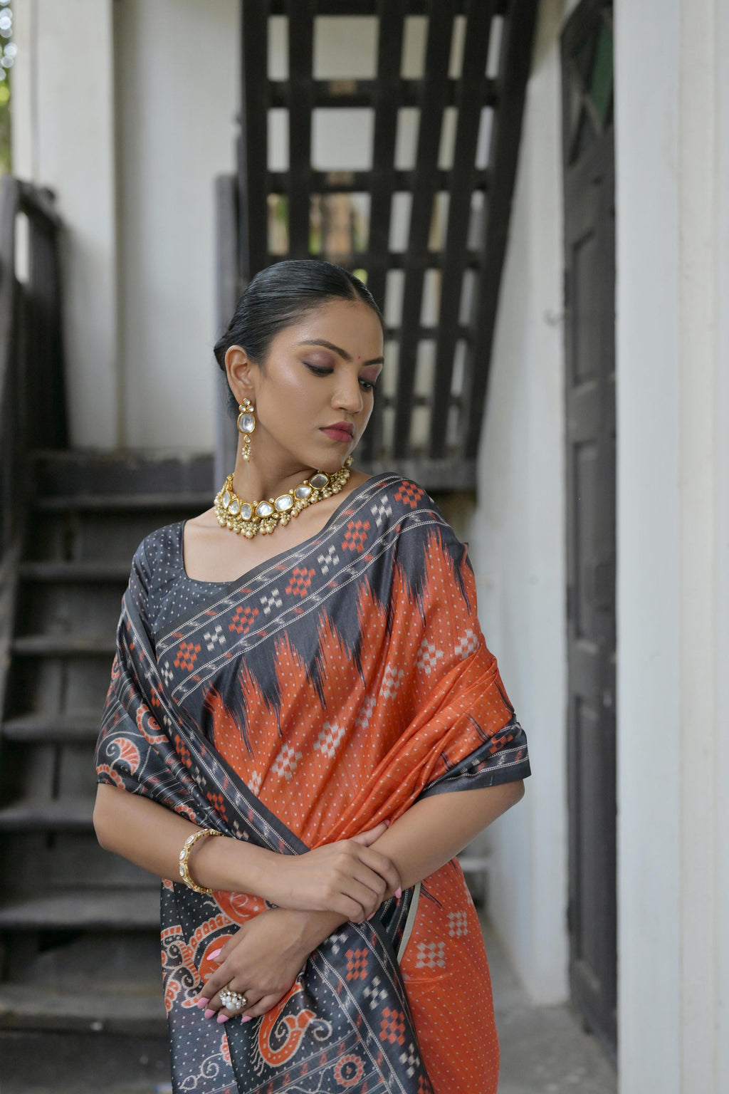 Red Soft Tussar Silk Temple Border Saree with Blouse