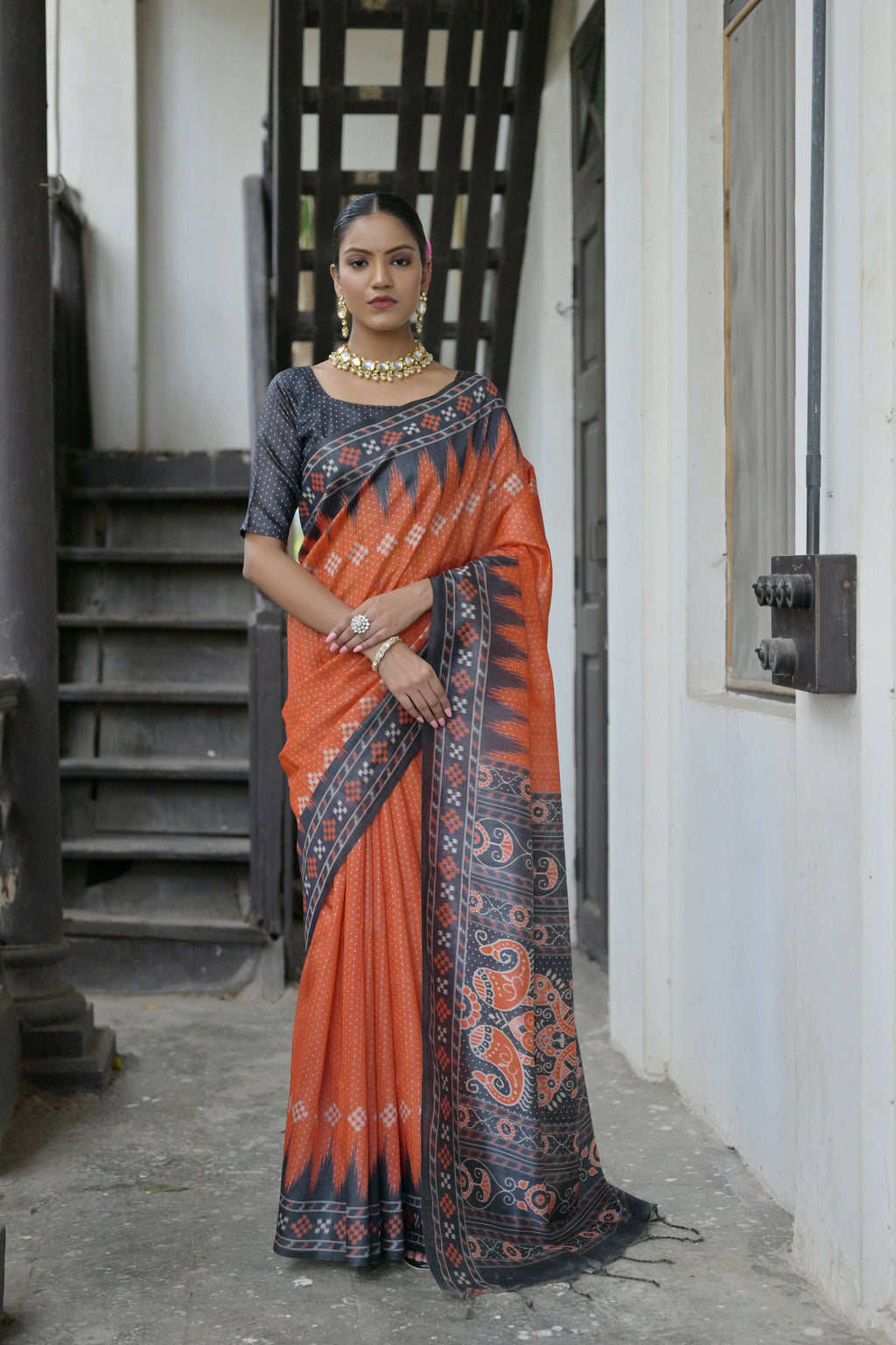 Red Soft Tussar Silk Temple Border Saree with Blouse